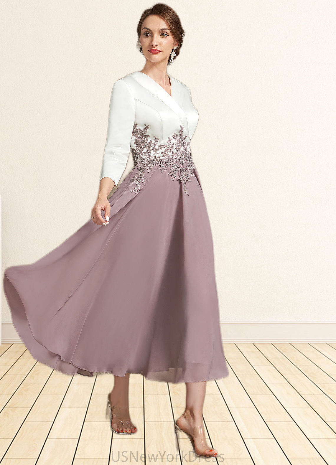 Olive A-Line V-neck Tea-Length Chiffon Lace Mother of the Bride Dress DJ126P0014575