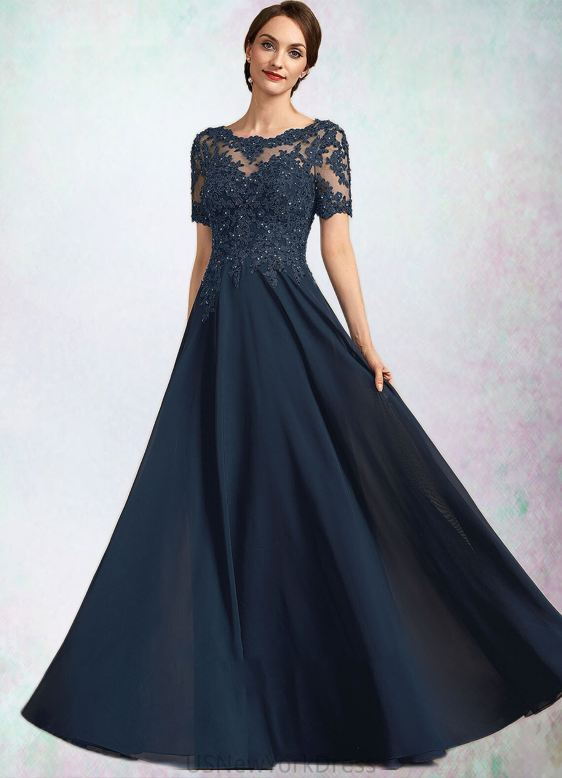 Anabella A-Line Scoop Neck Floor-Length Chiffon Lace Mother of the Bride Dress With Beading Sequins DJ126P0014577