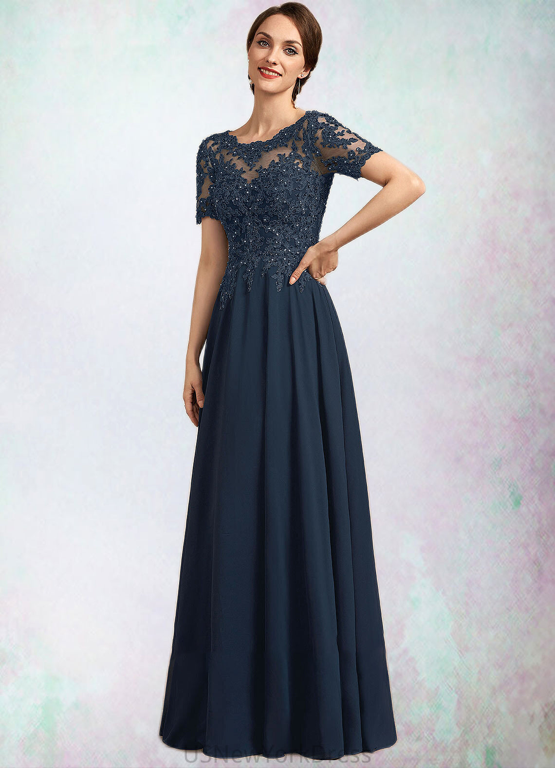 Anabella A-Line Scoop Neck Floor-Length Chiffon Lace Mother of the Bride Dress With Beading Sequins DJ126P0014577