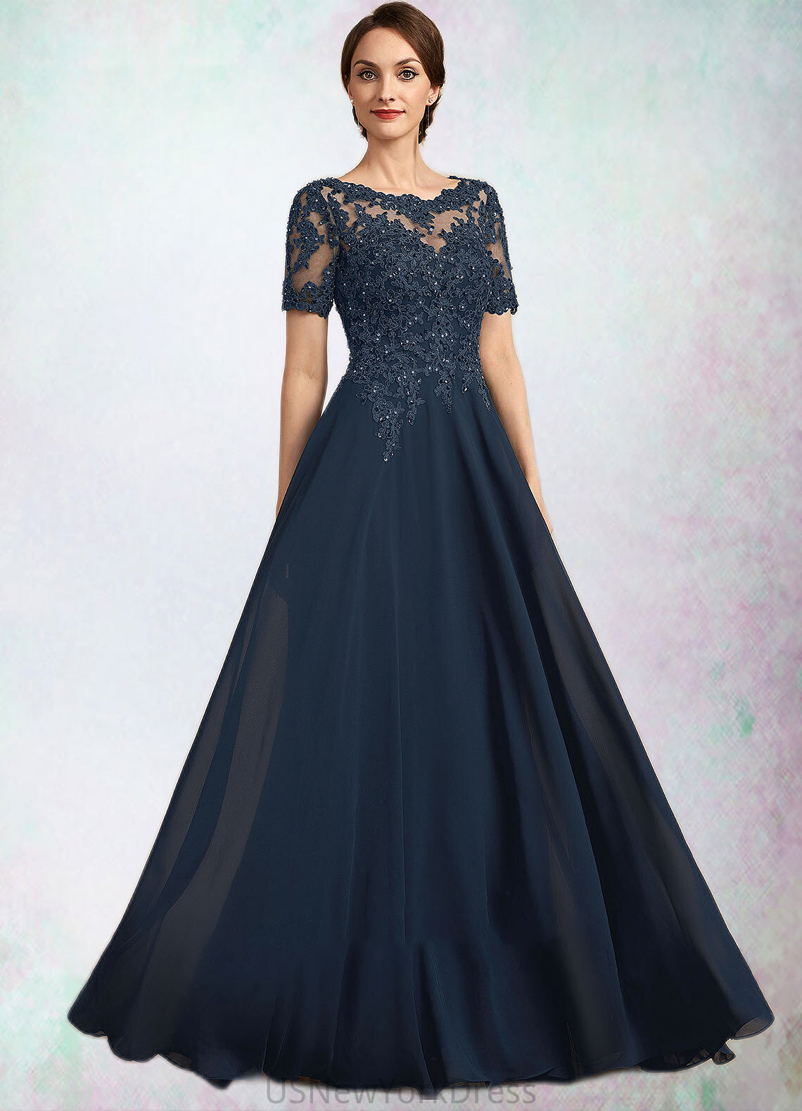 Anabella A-Line Scoop Neck Floor-Length Chiffon Lace Mother of the Bride Dress With Beading Sequins DJ126P0014577