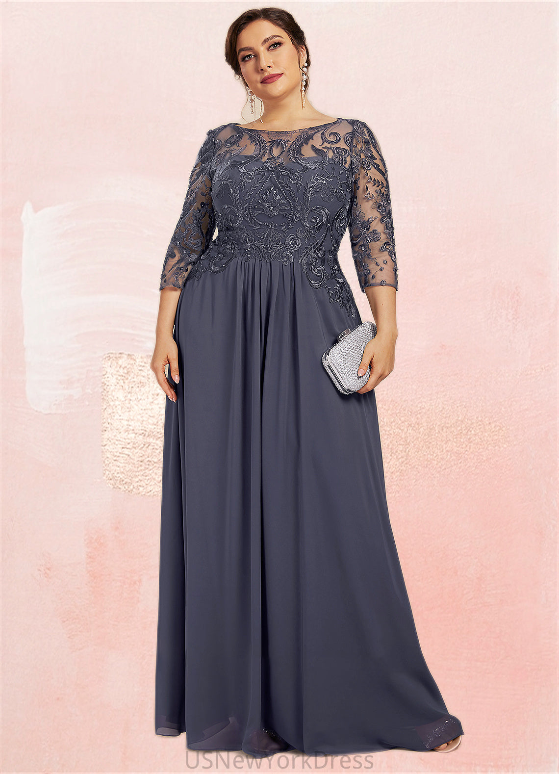 Samantha A-Line Scoop Neck Floor-Length Chiffon Lace Mother of the Bride Dress With Beading Sequins DJ126P0014578