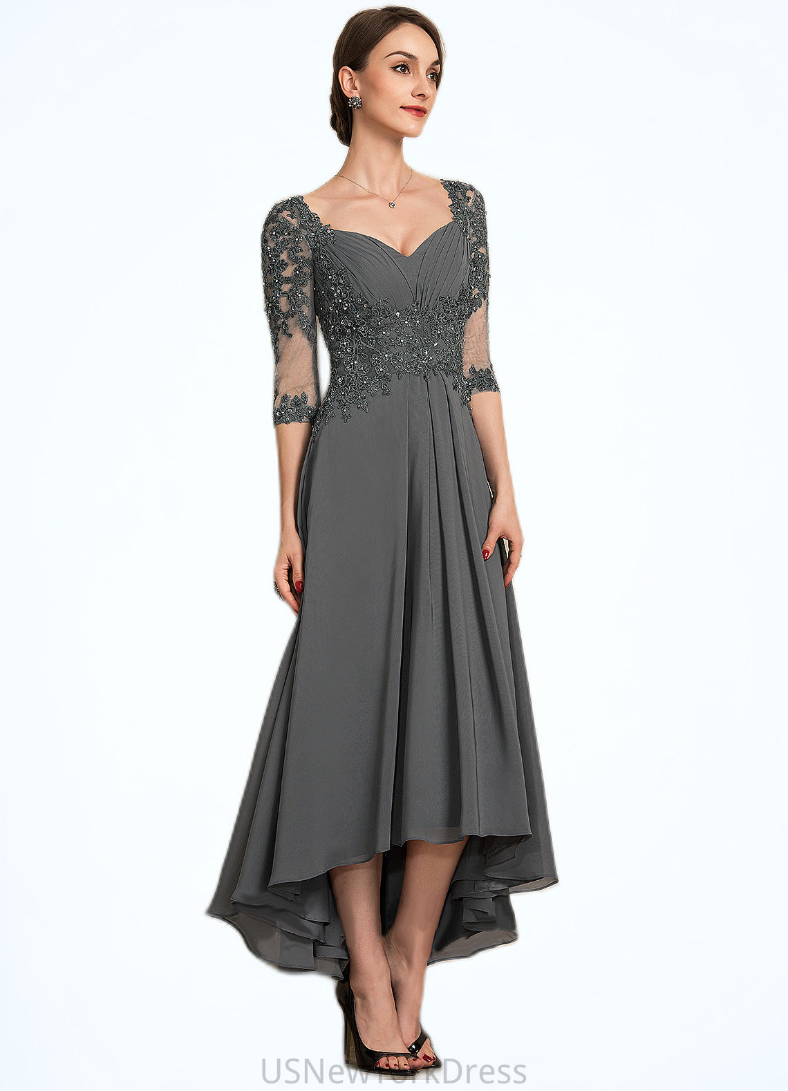 Everly A-Line Sweetheart Asymmetrical Chiffon Lace Mother of the Bride Dress With Beading Sequins DJ126P0014579