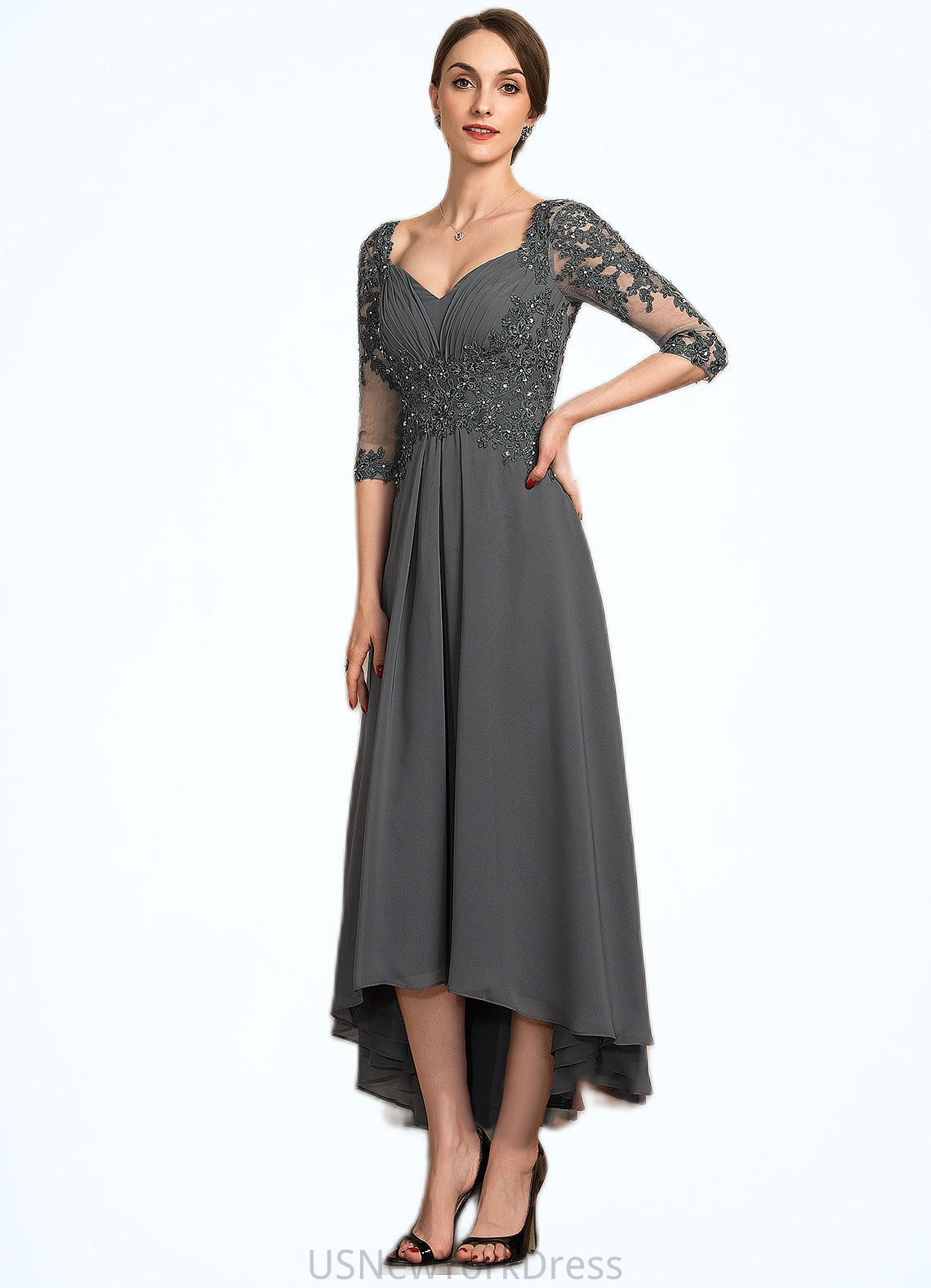 Everly A-Line Sweetheart Asymmetrical Chiffon Lace Mother of the Bride Dress With Beading Sequins DJ126P0014579