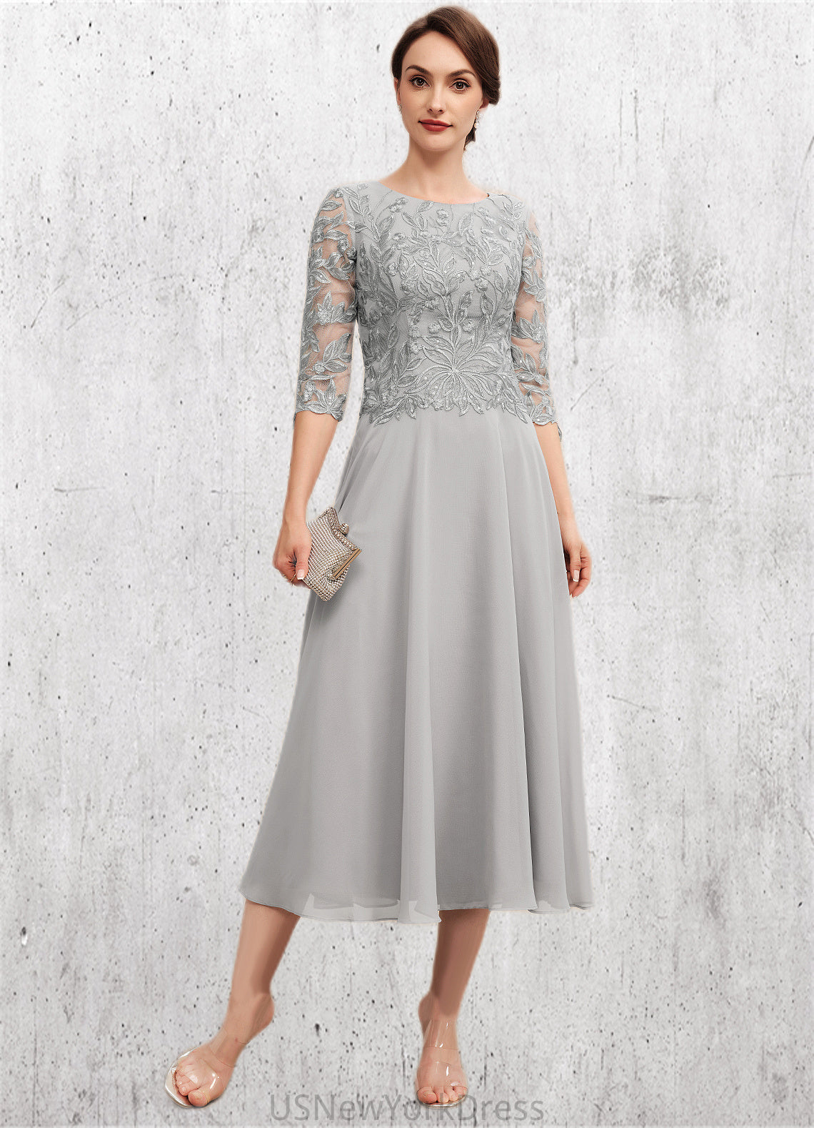 Hayley A-Line Scoop Neck Tea-Length Chiffon Lace Mother of the Bride Dress With Sequins DJ126P0014580