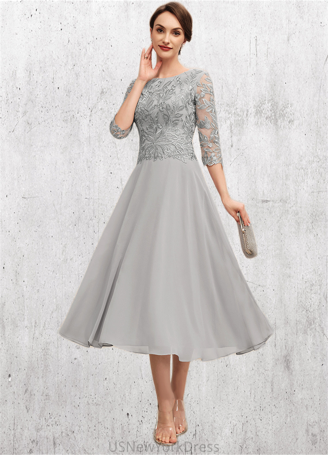 Hayley A-Line Scoop Neck Tea-Length Chiffon Lace Mother of the Bride Dress With Sequins DJ126P0014580