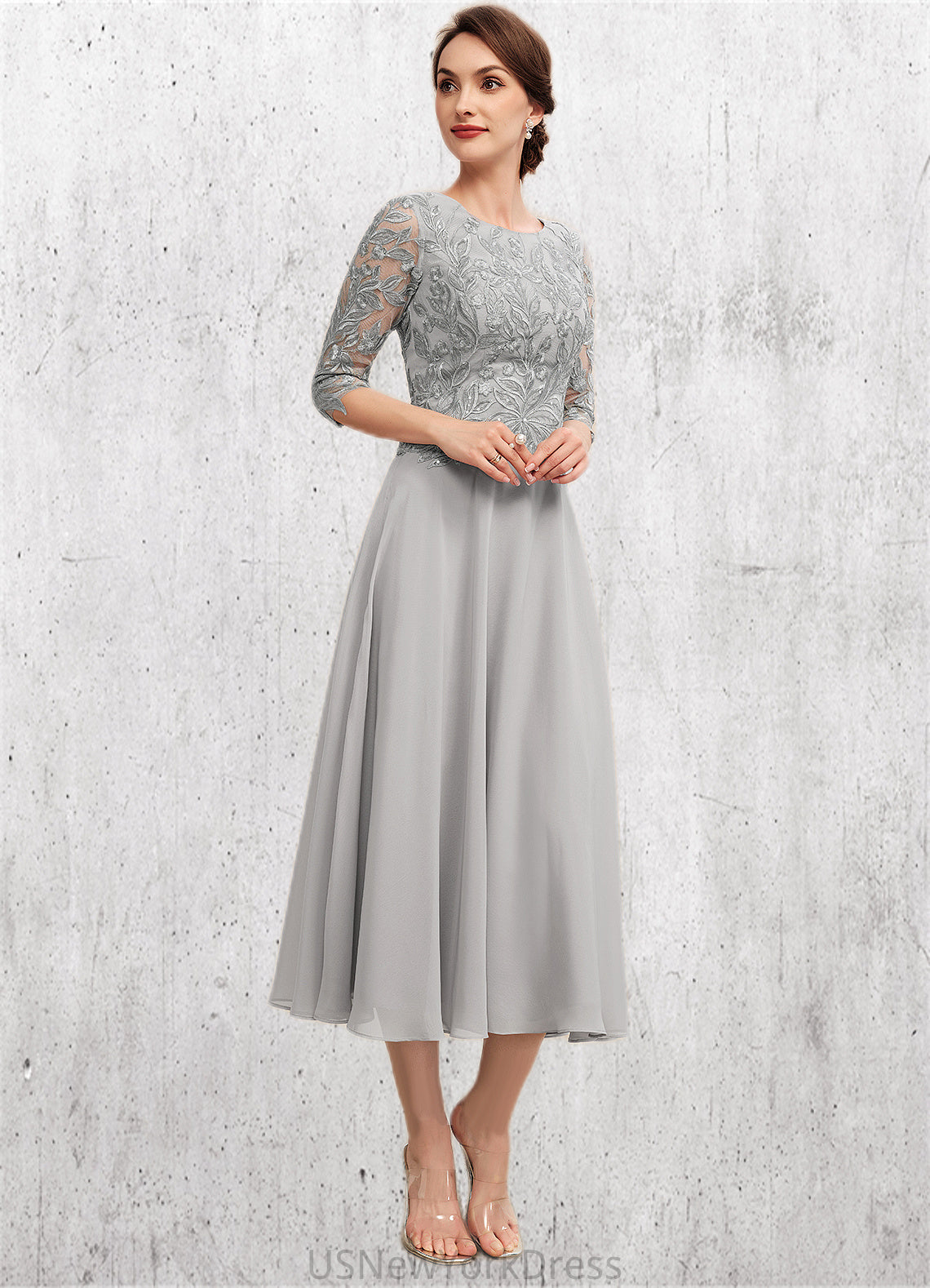 Hayley A-Line Scoop Neck Tea-Length Chiffon Lace Mother of the Bride Dress With Sequins DJ126P0014580