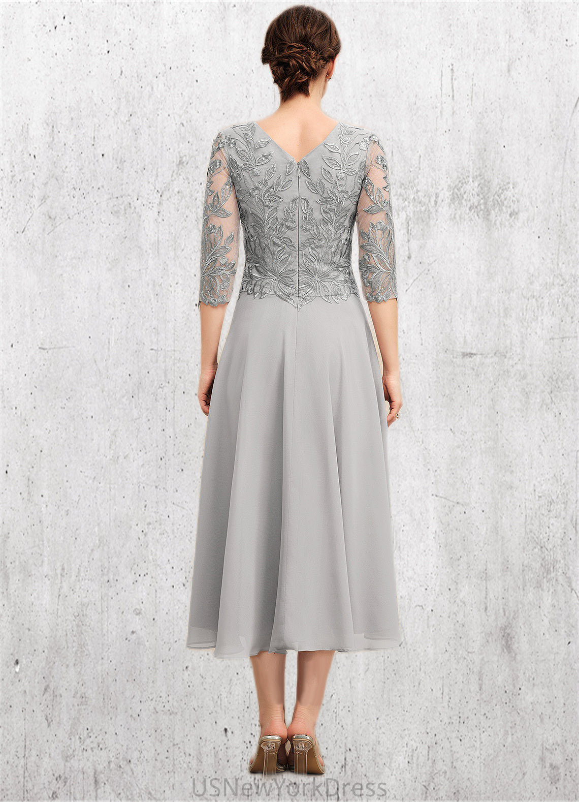 Hayley A-Line Scoop Neck Tea-Length Chiffon Lace Mother of the Bride Dress With Sequins DJ126P0014580