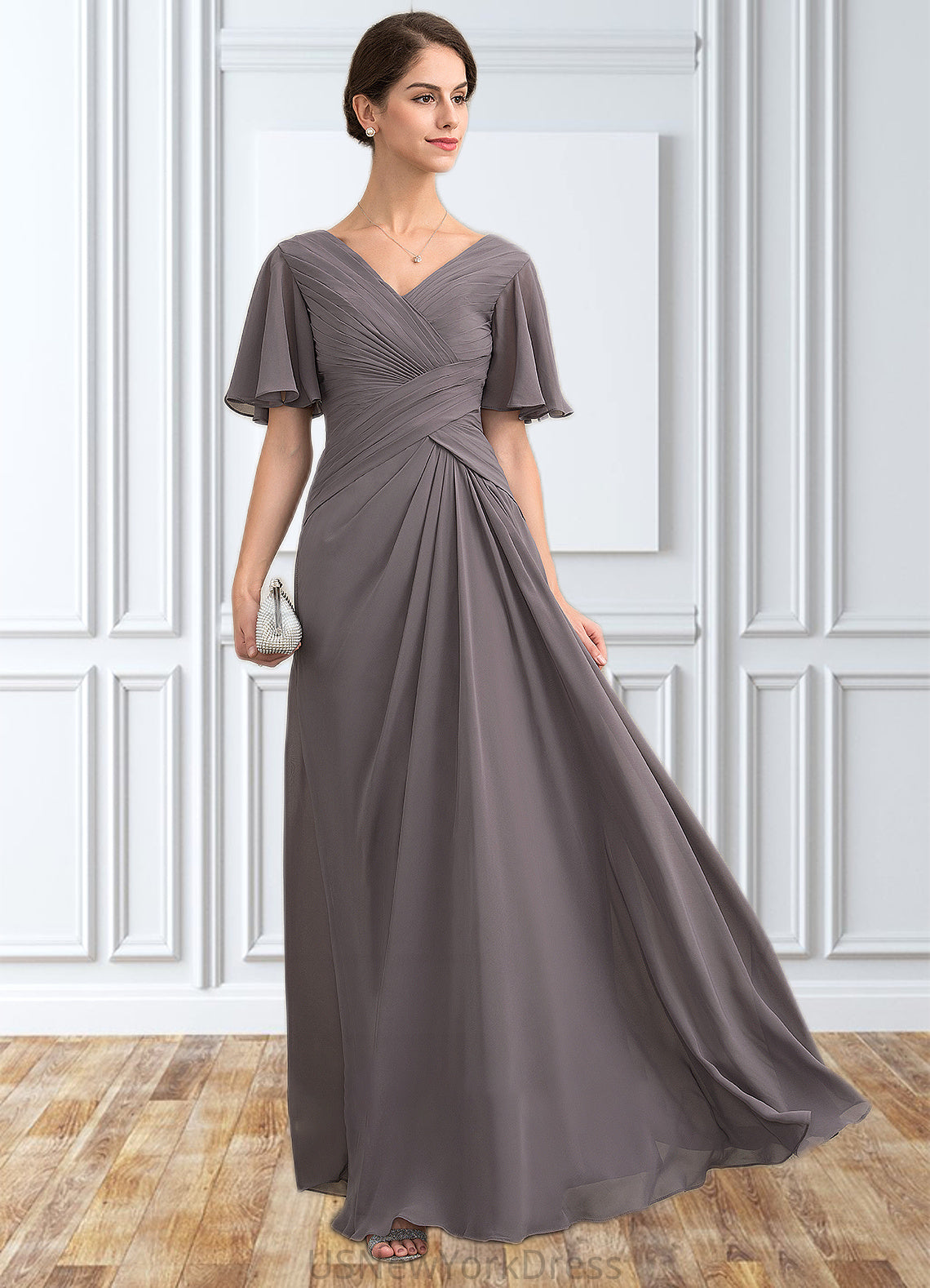 Lydia A-Line V-neck Floor-Length Chiffon Mother of the Bride Dress With Ruffle DJ126P0014581