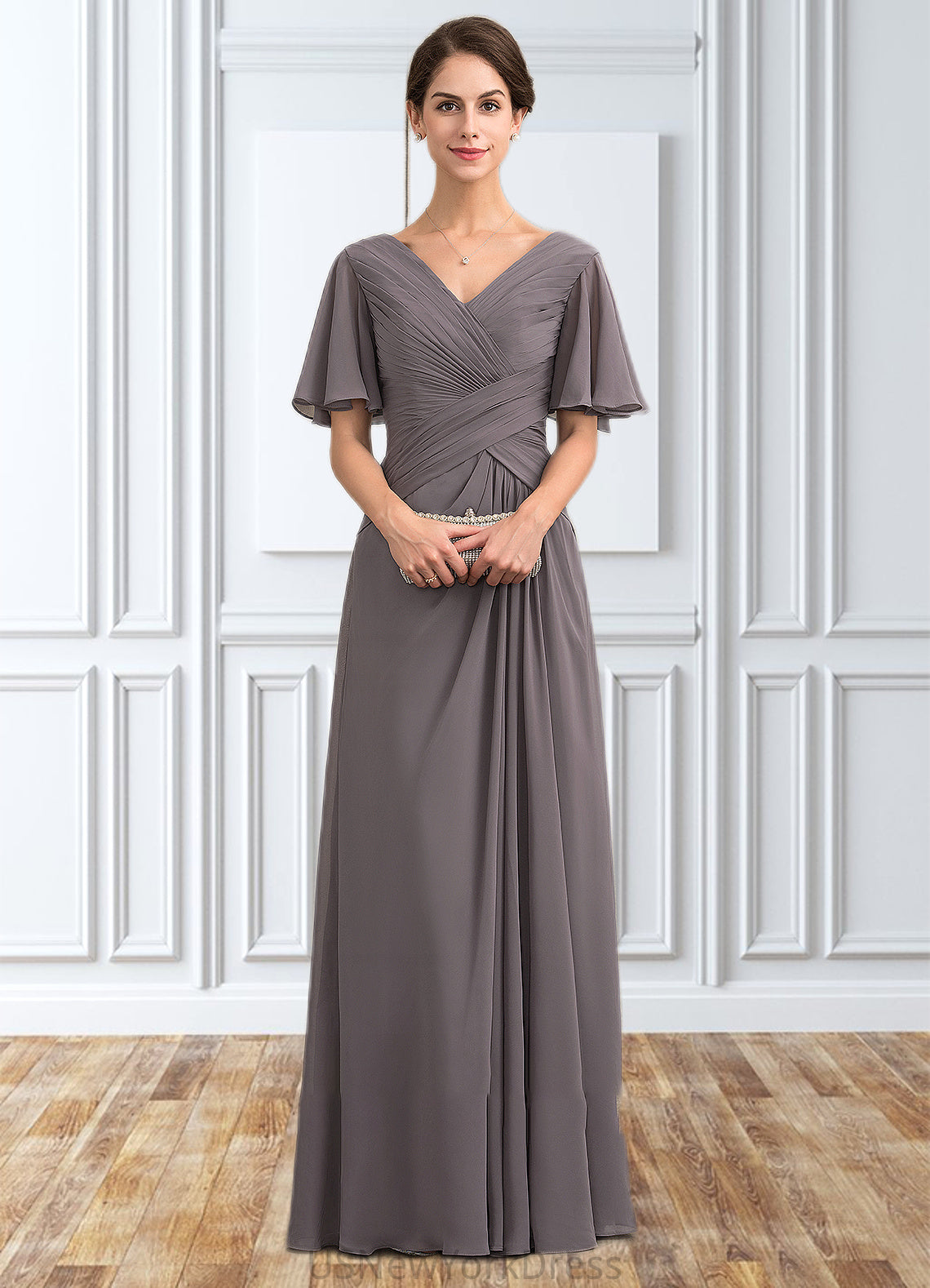 Lydia A-Line V-neck Floor-Length Chiffon Mother of the Bride Dress With Ruffle DJ126P0014581