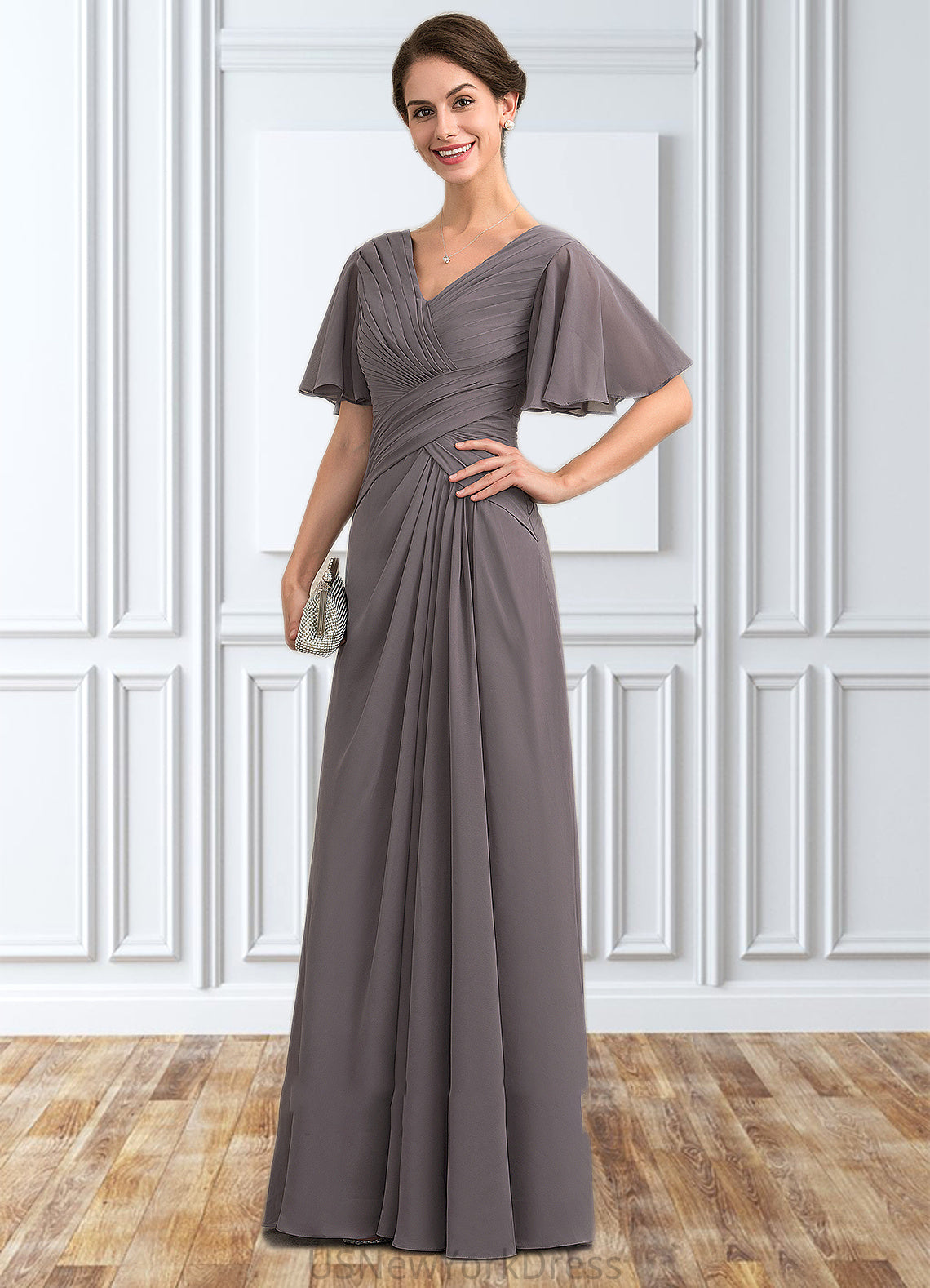 Lydia A-Line V-neck Floor-Length Chiffon Mother of the Bride Dress With Ruffle DJ126P0014581