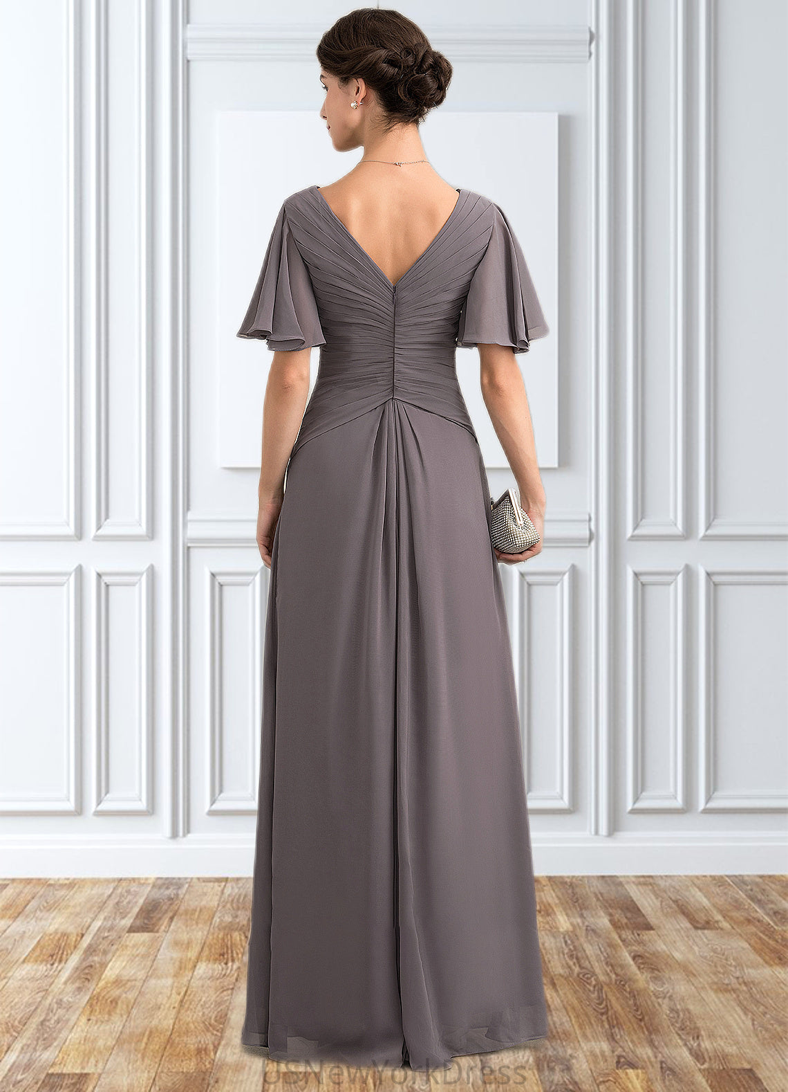 Lydia A-Line V-neck Floor-Length Chiffon Mother of the Bride Dress With Ruffle DJ126P0014581