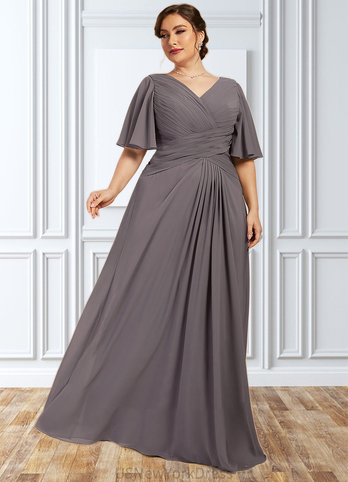 Lydia A-Line V-neck Floor-Length Chiffon Mother of the Bride Dress With Ruffle DJ126P0014581