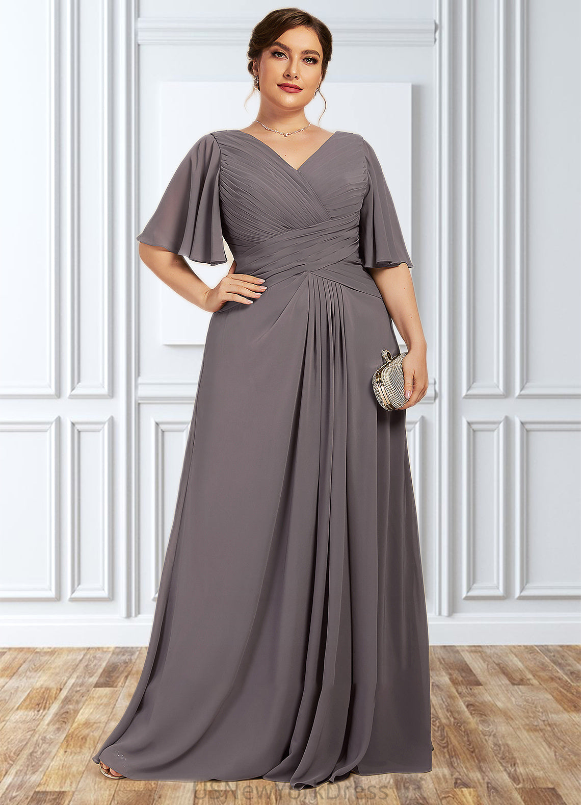 Lydia A-Line V-neck Floor-Length Chiffon Mother of the Bride Dress With Ruffle DJ126P0014581