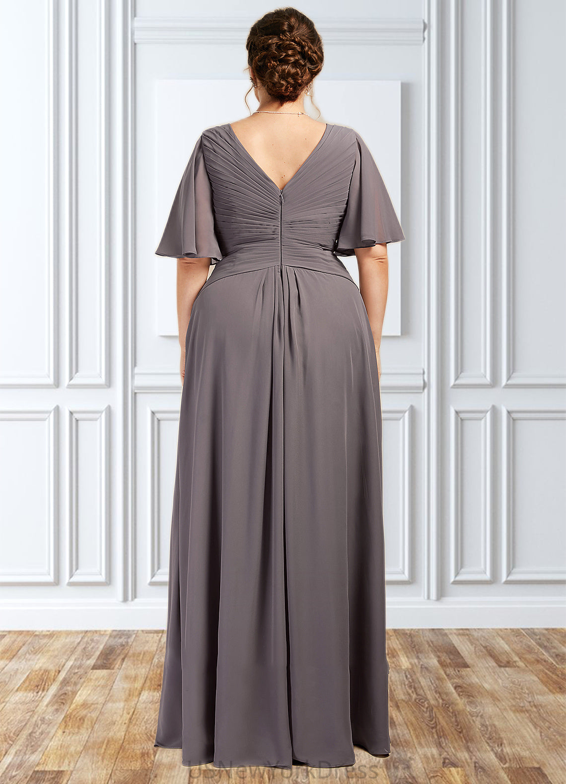 Lydia A-Line V-neck Floor-Length Chiffon Mother of the Bride Dress With Ruffle DJ126P0014581