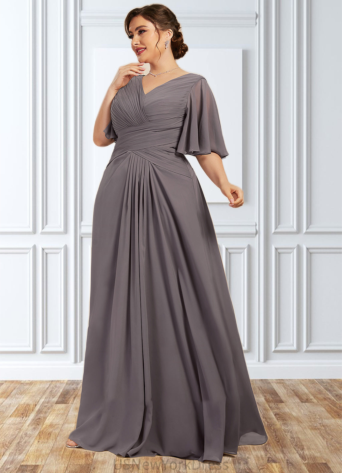 Lydia A-Line V-neck Floor-Length Chiffon Mother of the Bride Dress With Ruffle DJ126P0014581