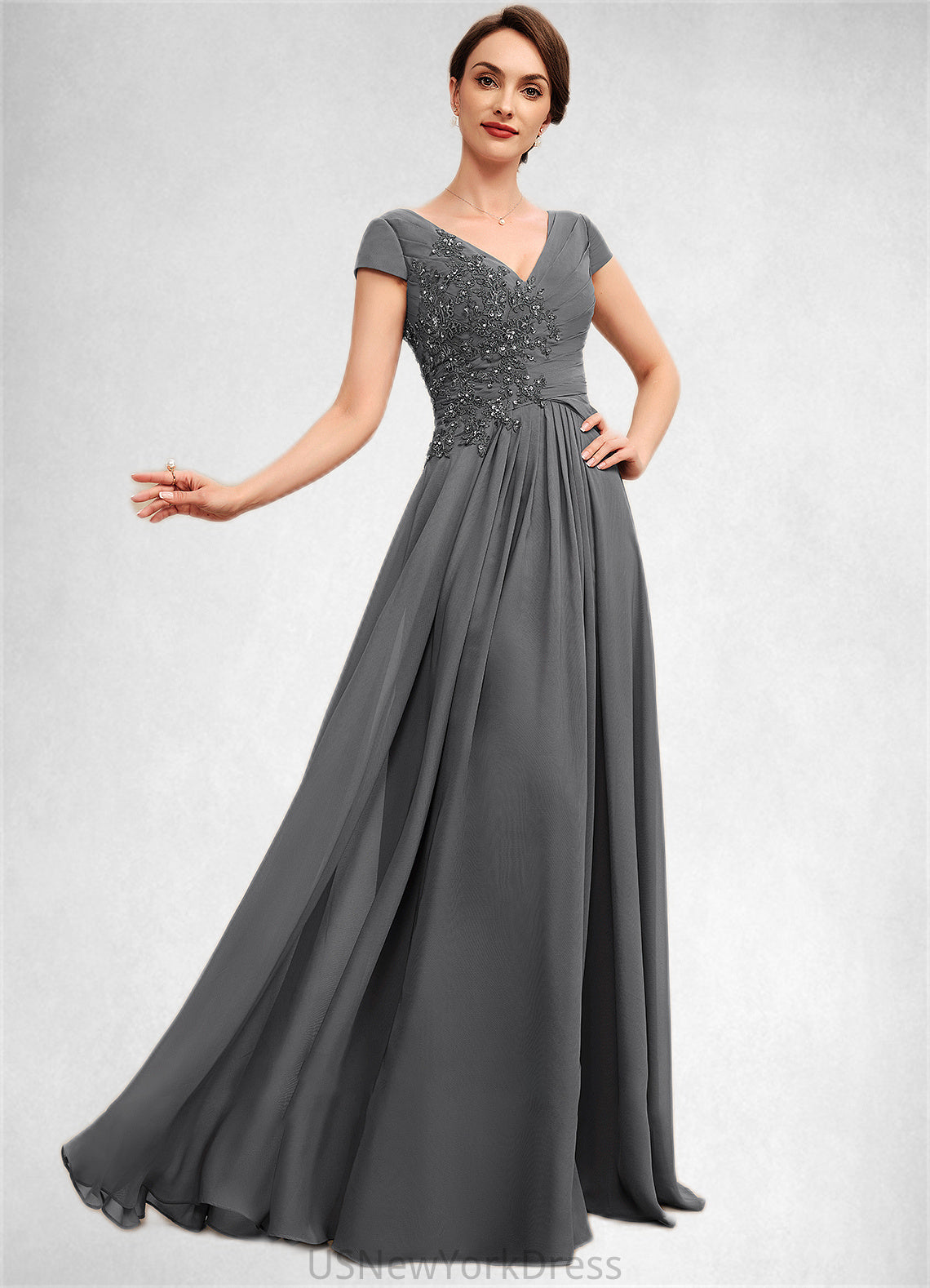 Aleah A-Line V-neck Floor-Length Chiffon Mother of the Bride Dress With Ruffle Lace Beading Sequins DJ126P0014582