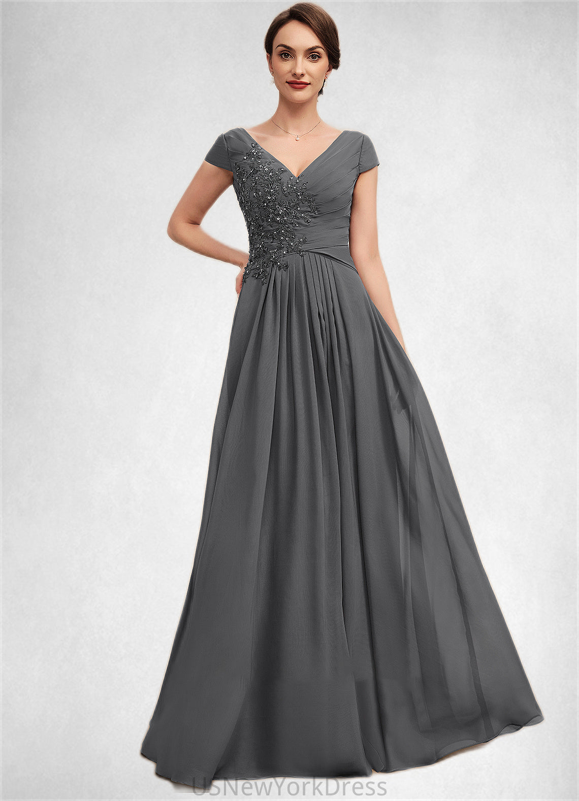 Aleah A-Line V-neck Floor-Length Chiffon Mother of the Bride Dress With Ruffle Lace Beading Sequins DJ126P0014582