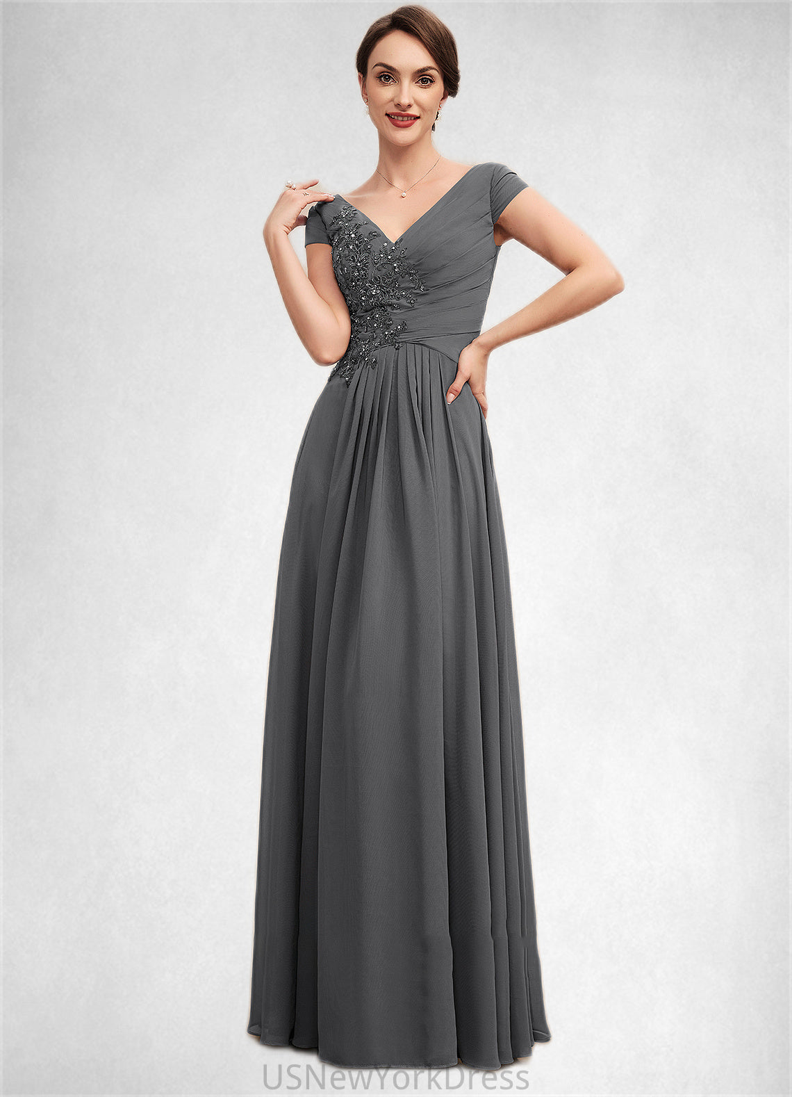 Aleah A-Line V-neck Floor-Length Chiffon Mother of the Bride Dress With Ruffle Lace Beading Sequins DJ126P0014582