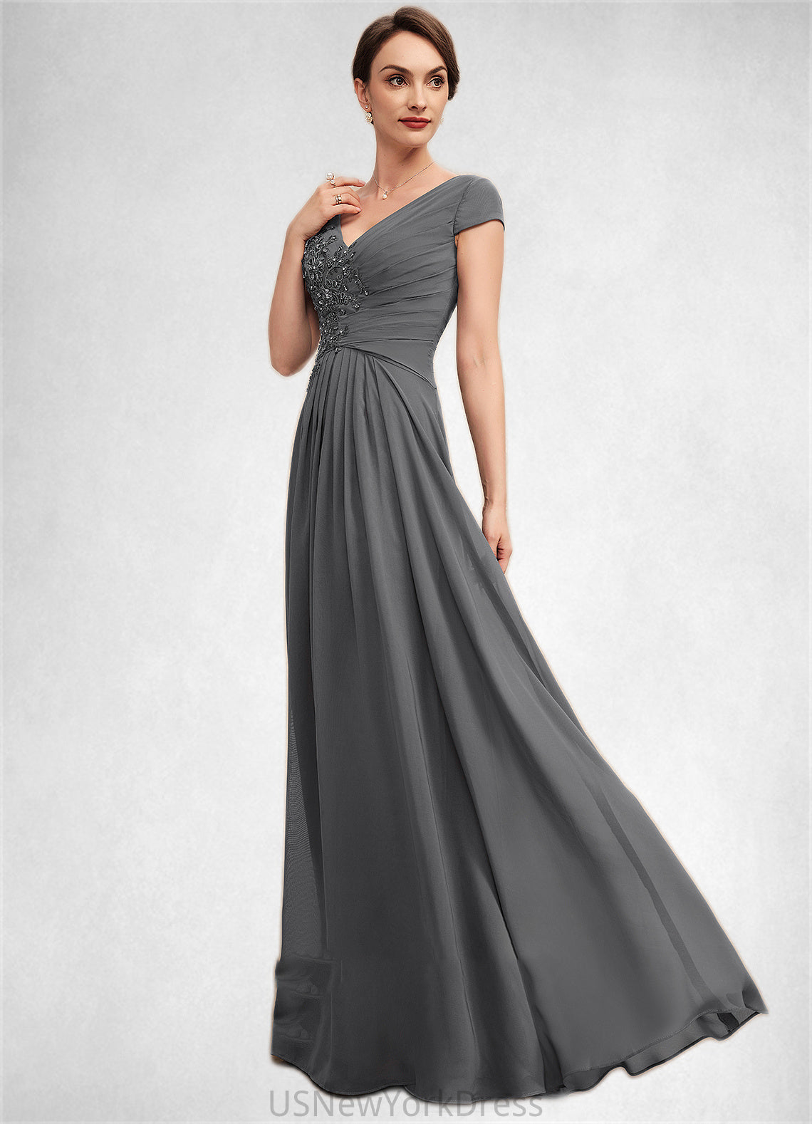 Aleah A-Line V-neck Floor-Length Chiffon Mother of the Bride Dress With Ruffle Lace Beading Sequins DJ126P0014582