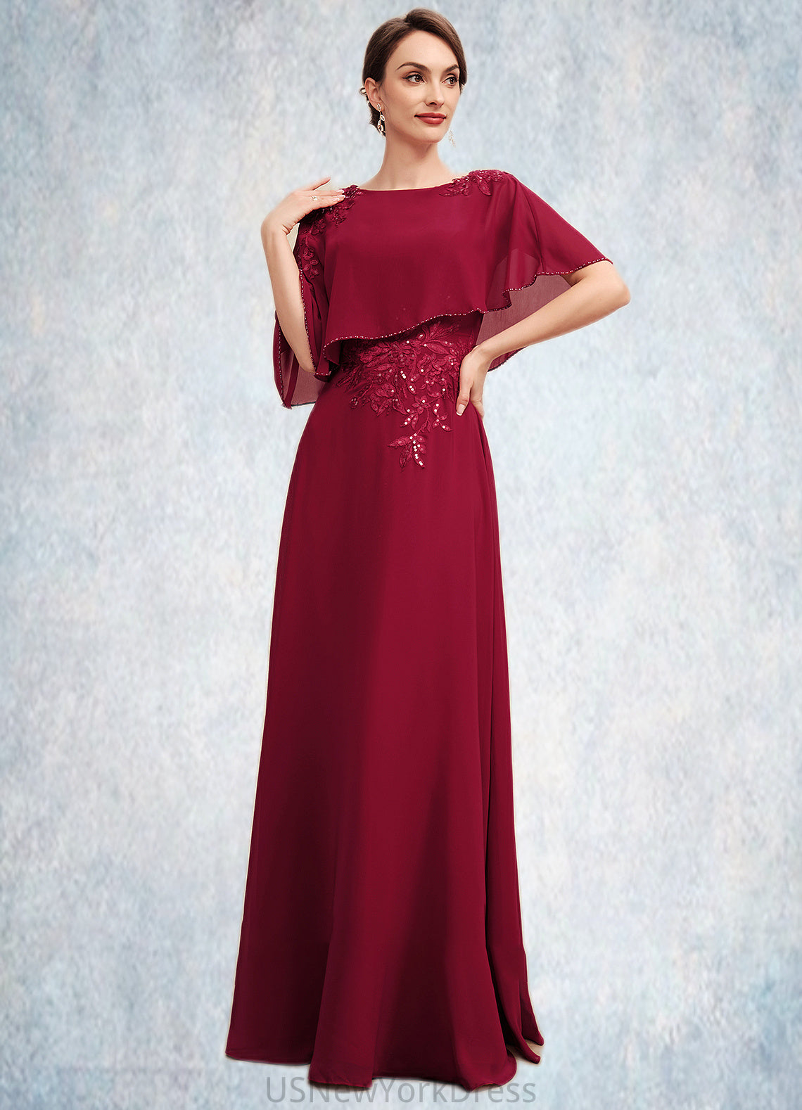 Aliyah A-Line Scoop Neck Floor-Length Chiffon Mother of the Bride Dress With Lace Beading Sequins DJ126P0014583