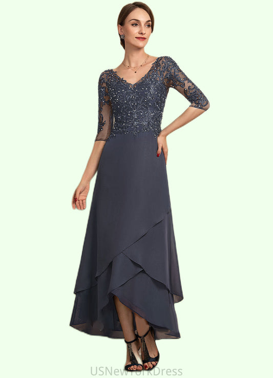 Piper A-line V-Neck Asymmetrical Chiffon Lace Mother of the Bride Dress With Beading Sequins DJ126P0014584