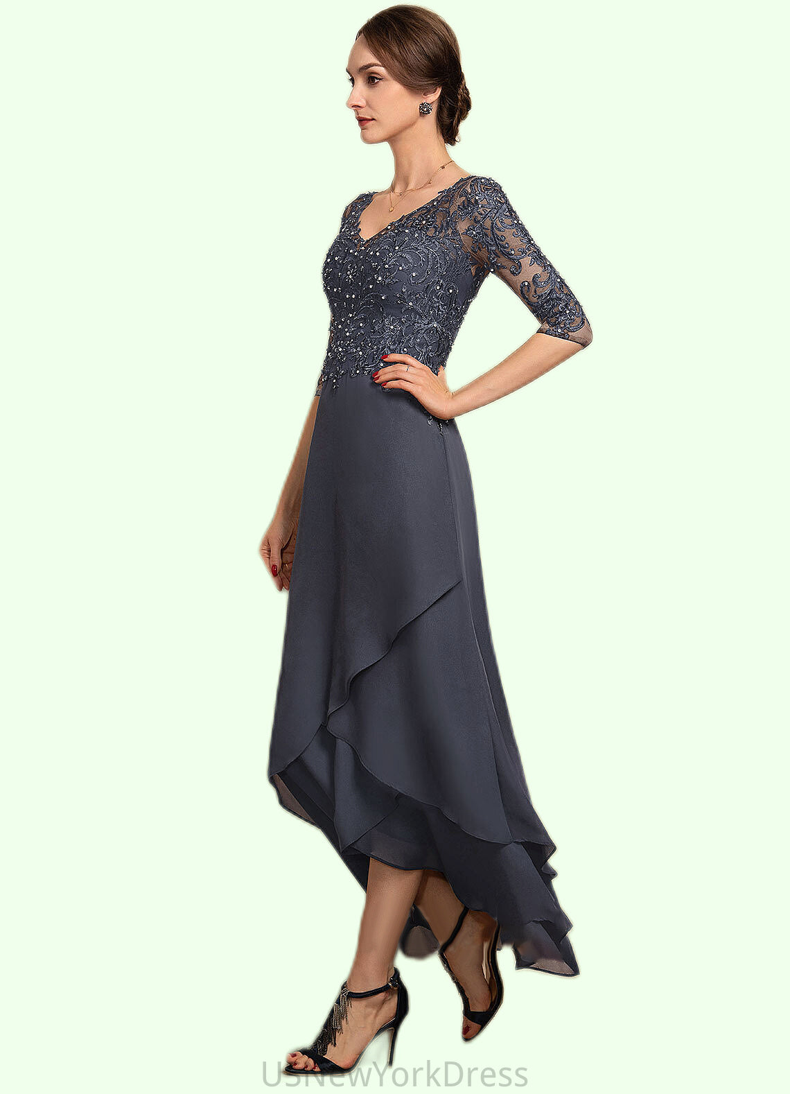 Piper A-line V-Neck Asymmetrical Chiffon Lace Mother of the Bride Dress With Beading Sequins DJ126P0014584