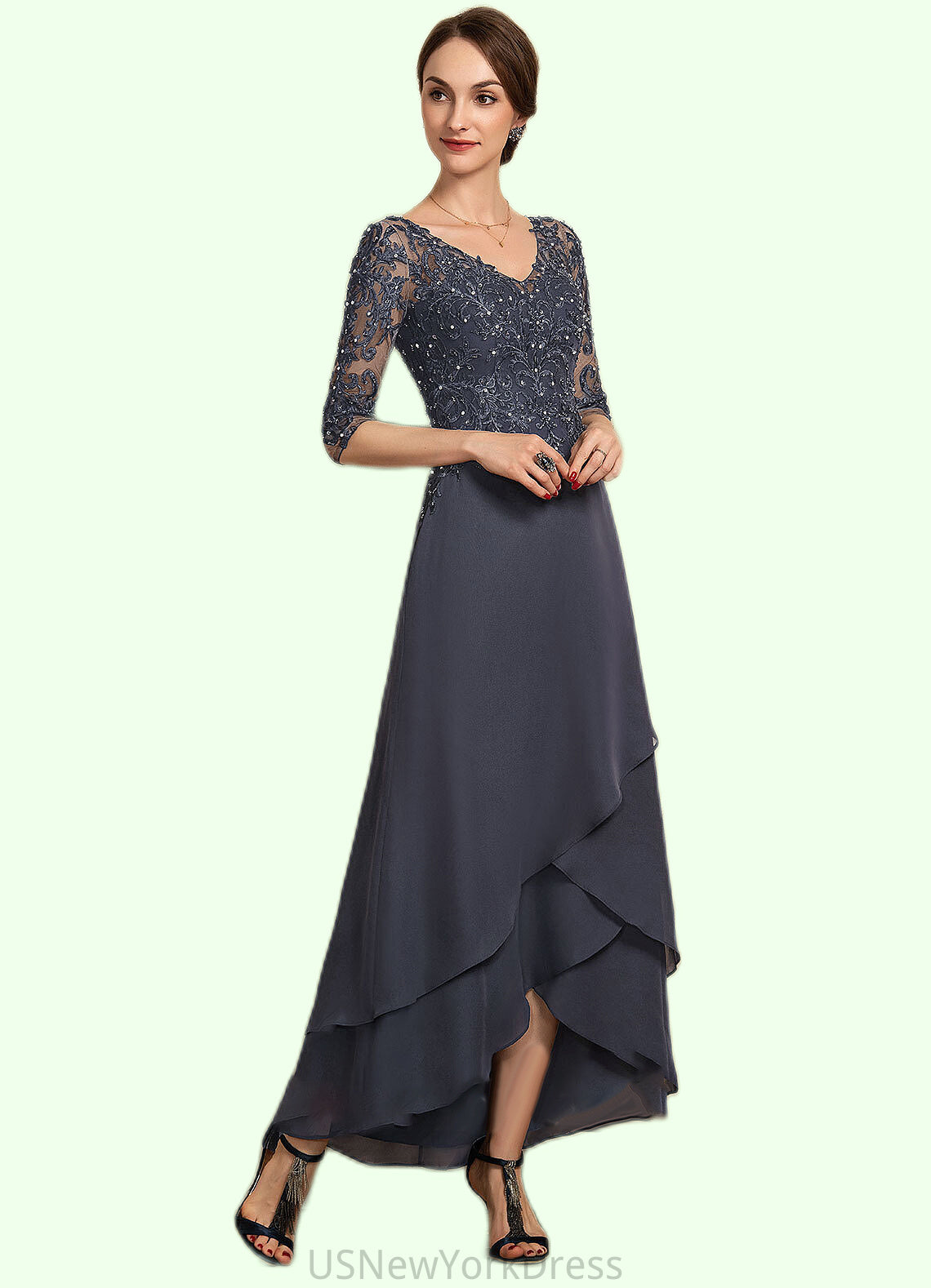 Piper A-line V-Neck Asymmetrical Chiffon Lace Mother of the Bride Dress With Beading Sequins DJ126P0014584