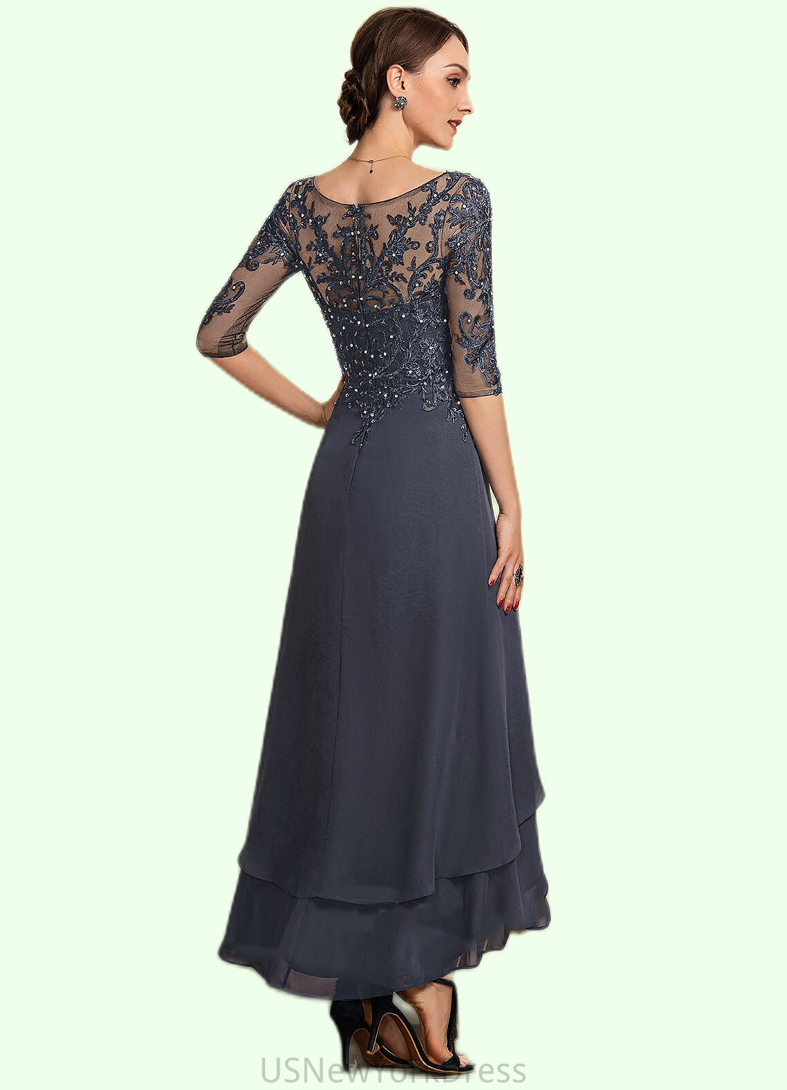 Piper A-line V-Neck Asymmetrical Chiffon Lace Mother of the Bride Dress With Beading Sequins DJ126P0014584