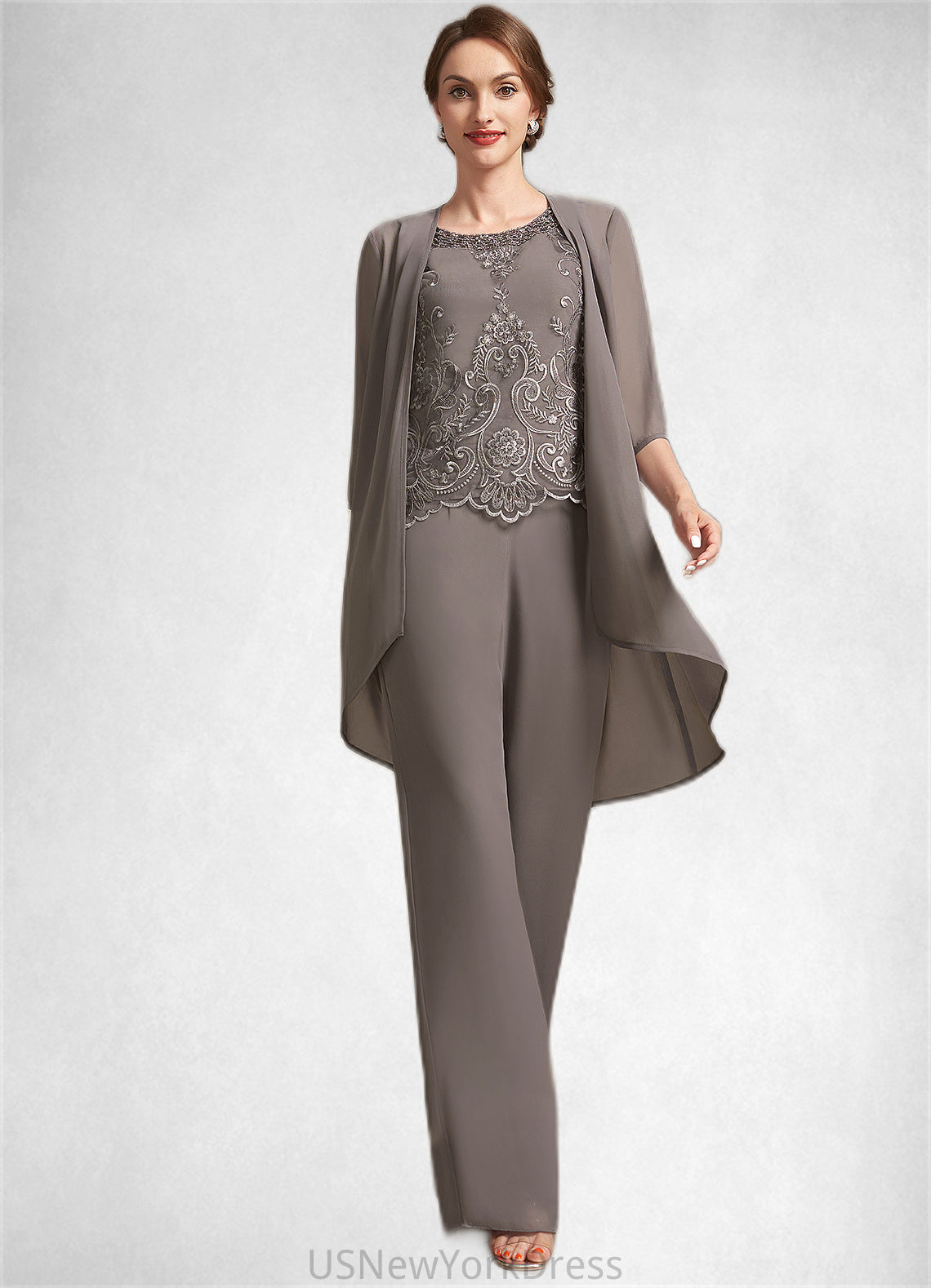 Kathryn Jumpsuit/Pantsuit Scoop Neck Floor-Length Chiffon Lace Mother of the Bride Dress With Beading Sequins DJ126P0014585