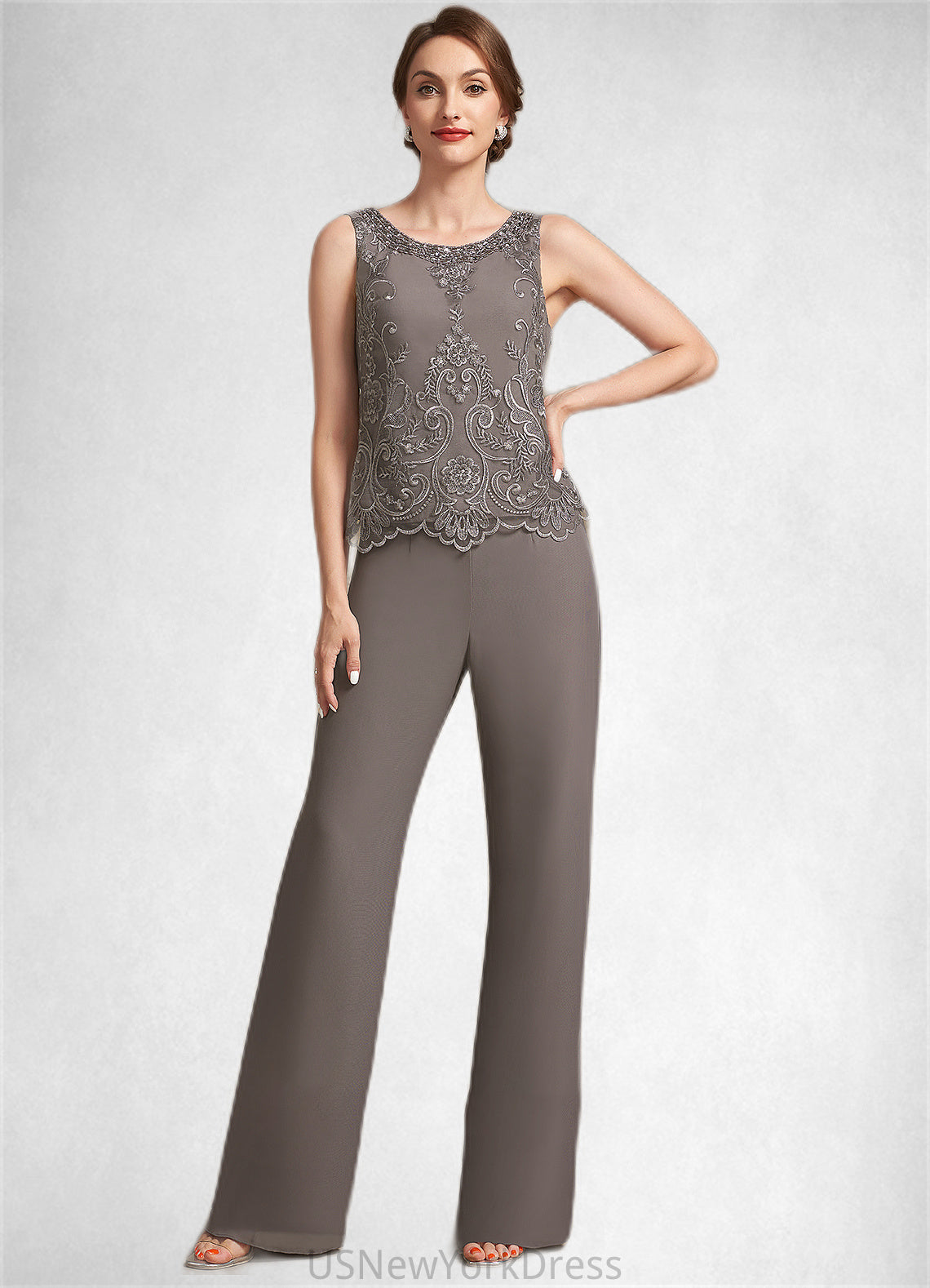 Kathryn Jumpsuit/Pantsuit Scoop Neck Floor-Length Chiffon Lace Mother of the Bride Dress With Beading Sequins DJ126P0014585