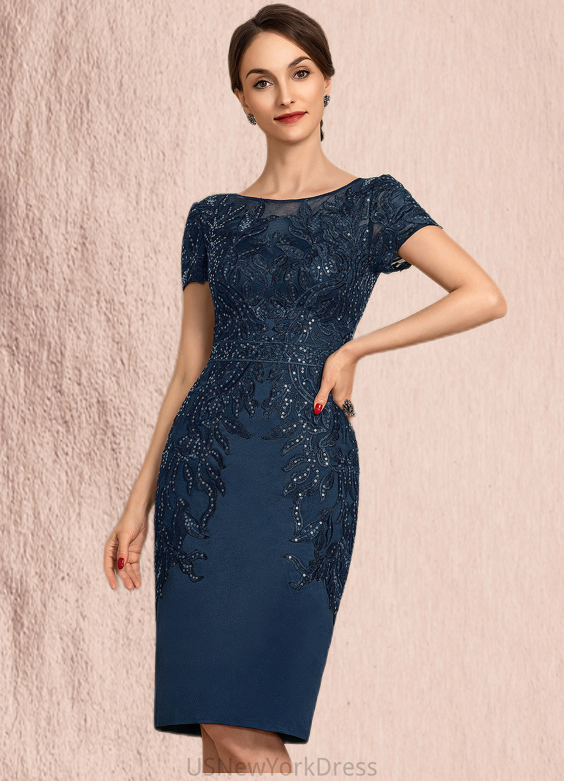 Melinda Sheath/Column Scoop Neck Knee-Length Satin Lace Mother of the Bride Dress With Sequins DJ126P0014586