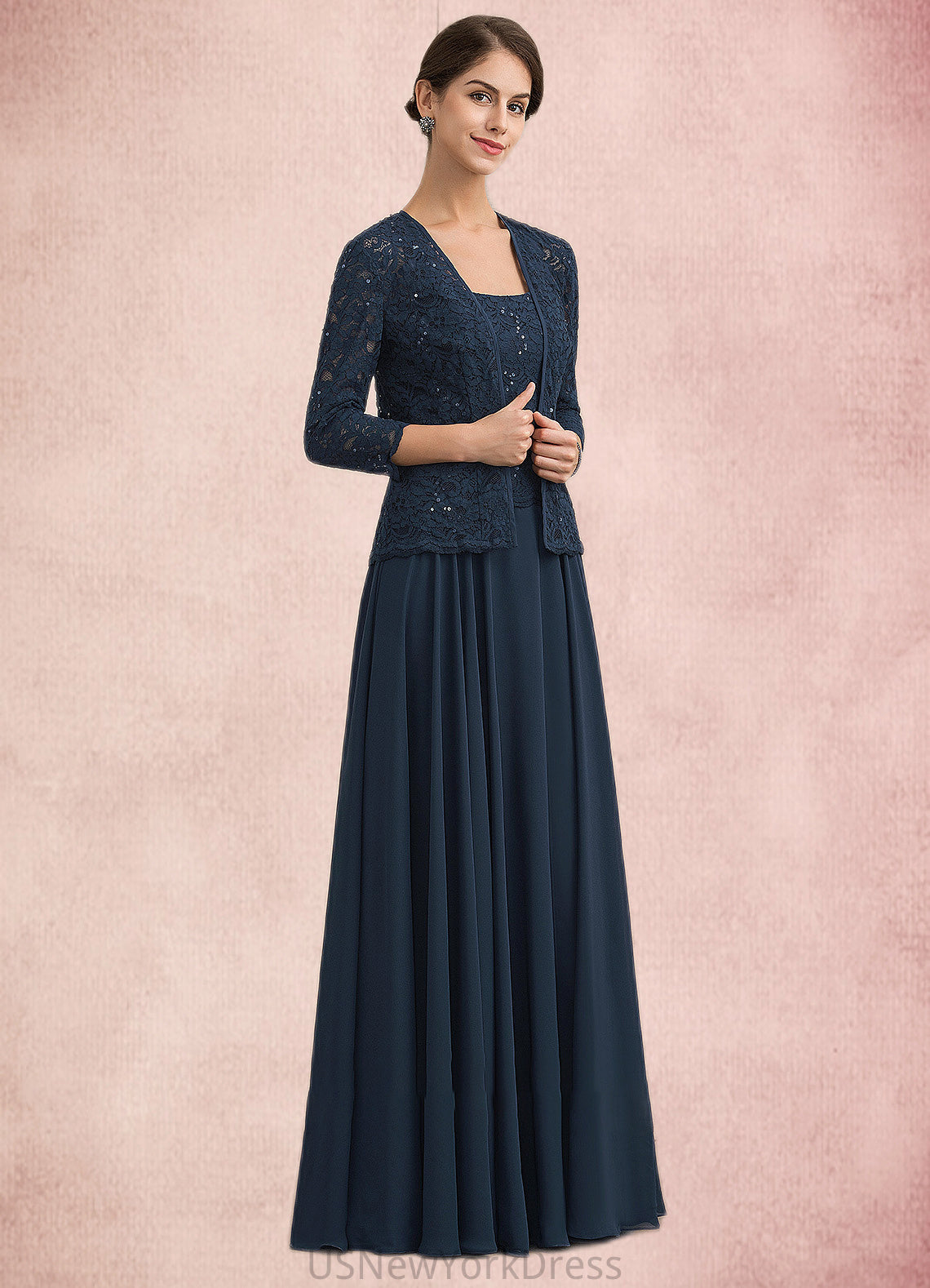 Sandy A-Line Square Neckline Floor-Length Chiffon Lace Mother of the Bride Dress With Sequins DJ126P0014587