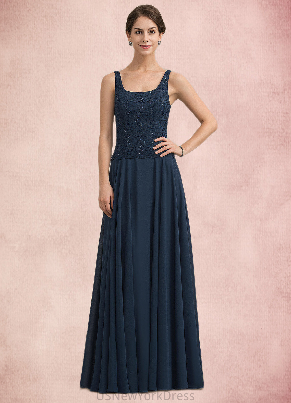 Sandy A-Line Square Neckline Floor-Length Chiffon Lace Mother of the Bride Dress With Sequins DJ126P0014587