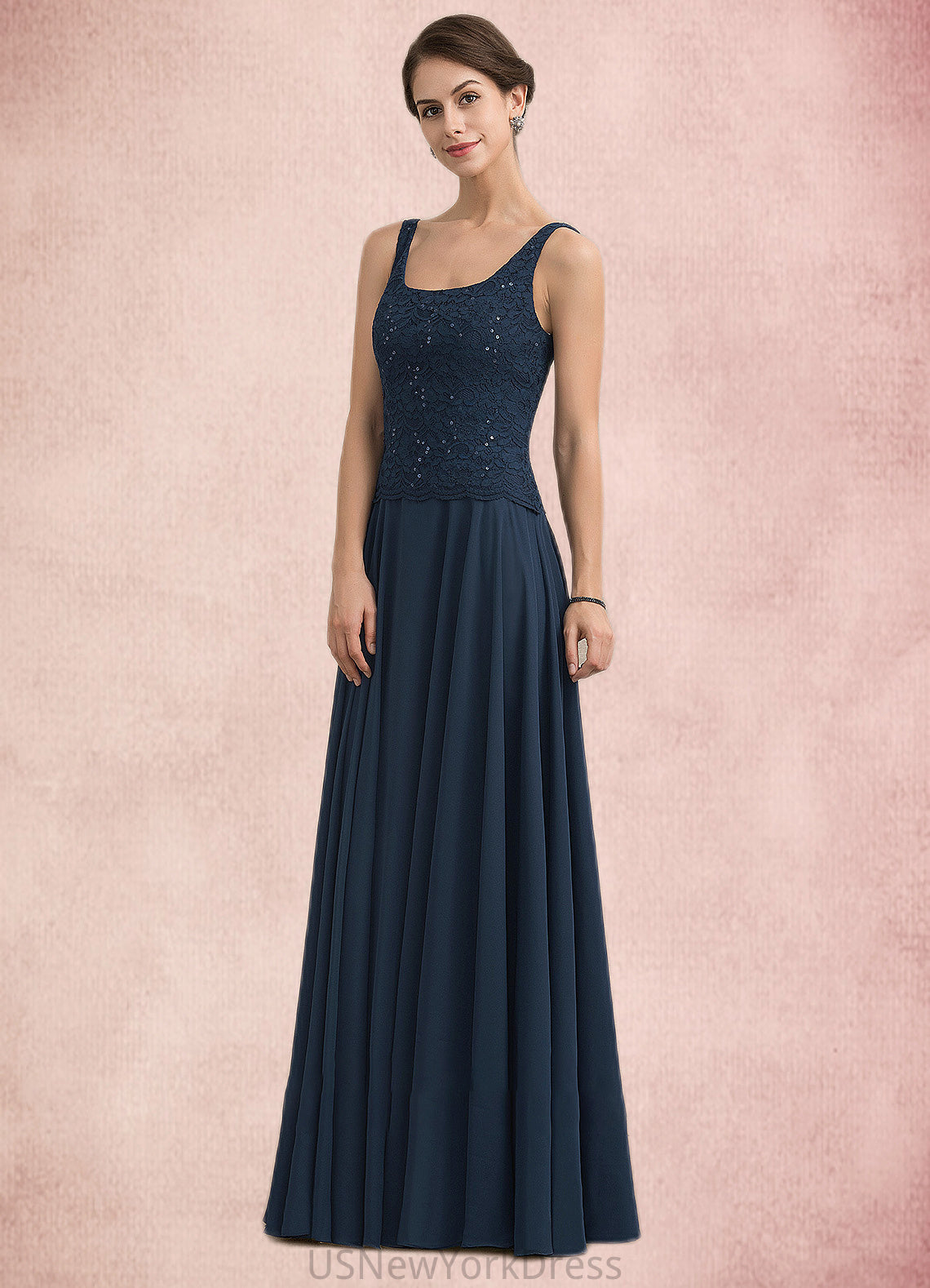 Sandy A-Line Square Neckline Floor-Length Chiffon Lace Mother of the Bride Dress With Sequins DJ126P0014587