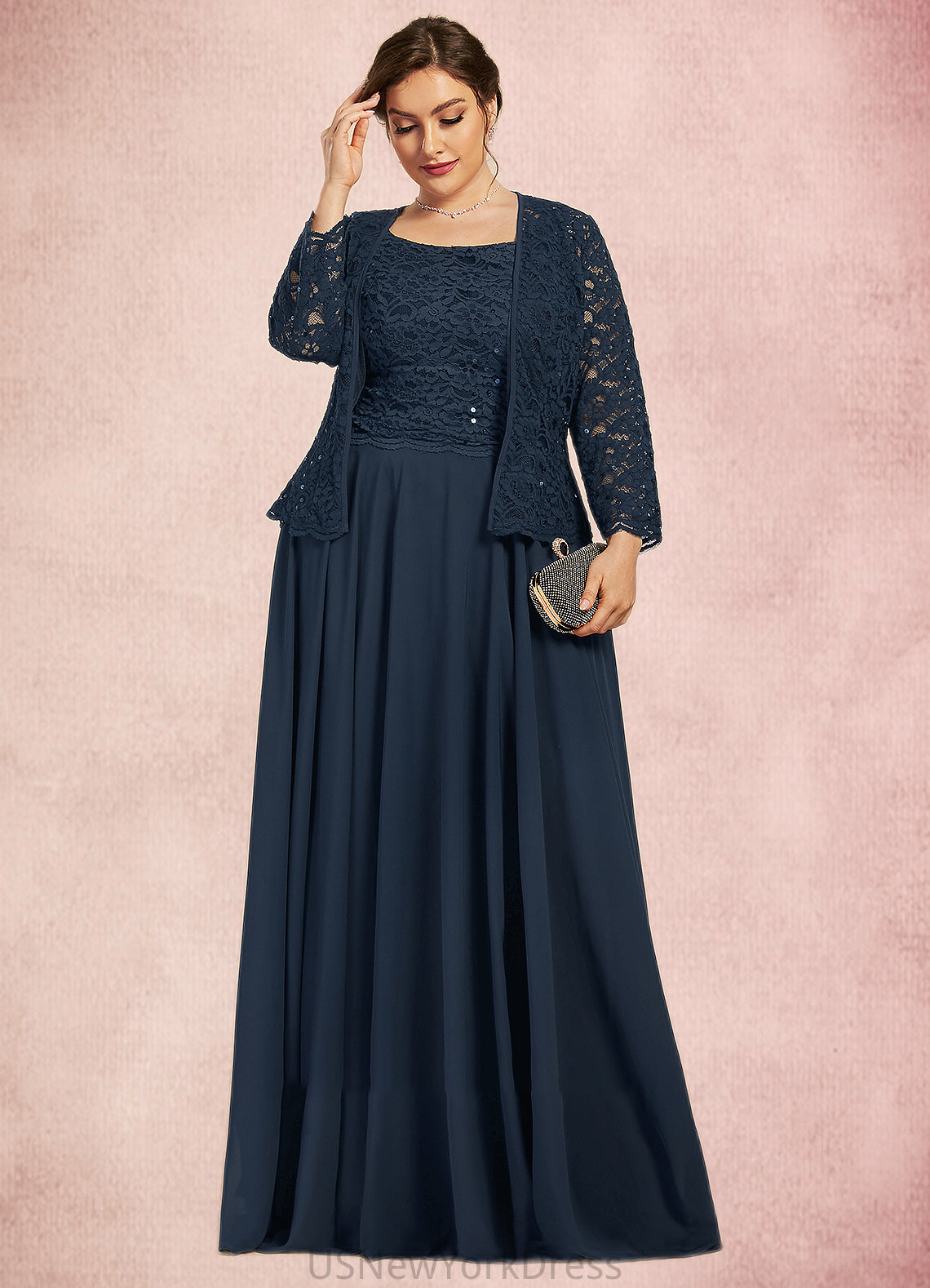 Sandy A-Line Square Neckline Floor-Length Chiffon Lace Mother of the Bride Dress With Sequins DJ126P0014587