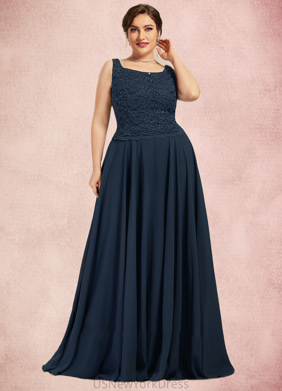 Sandy A-Line Square Neckline Floor-Length Chiffon Lace Mother of the Bride Dress With Sequins DJ126P0014587