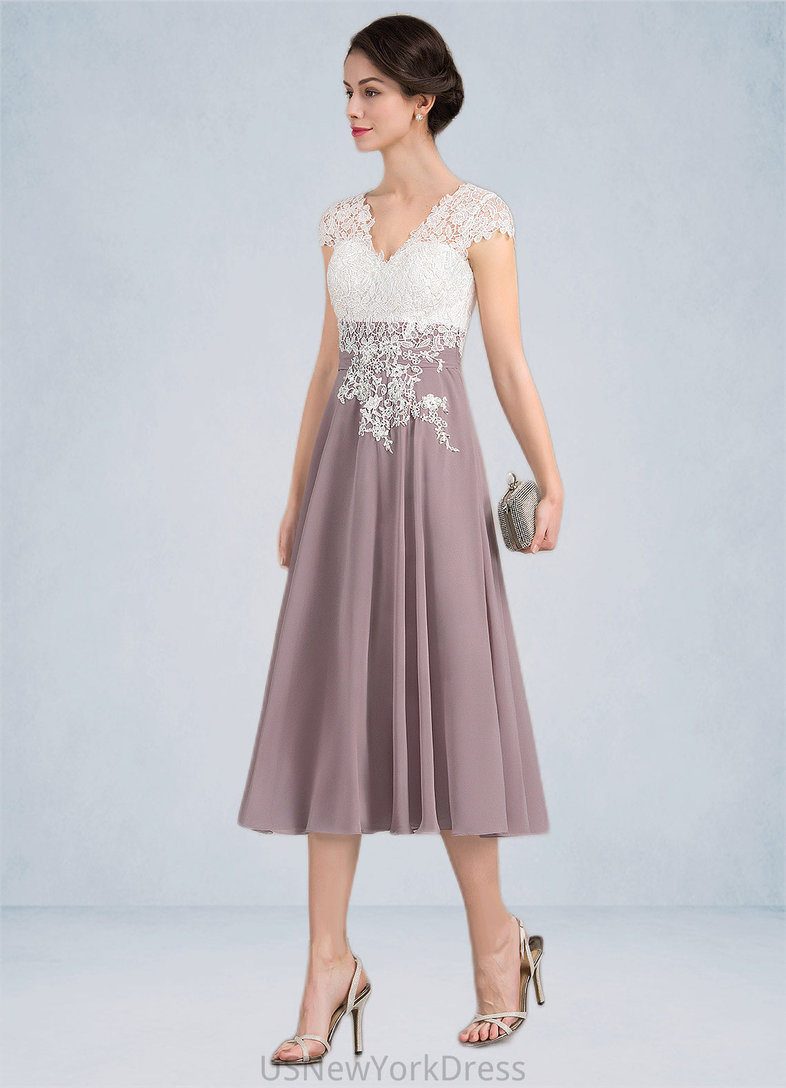 Brooklyn A-Line V-neck Tea-Length Chiffon Lace Mother of the Bride Dress DJ126P0014588