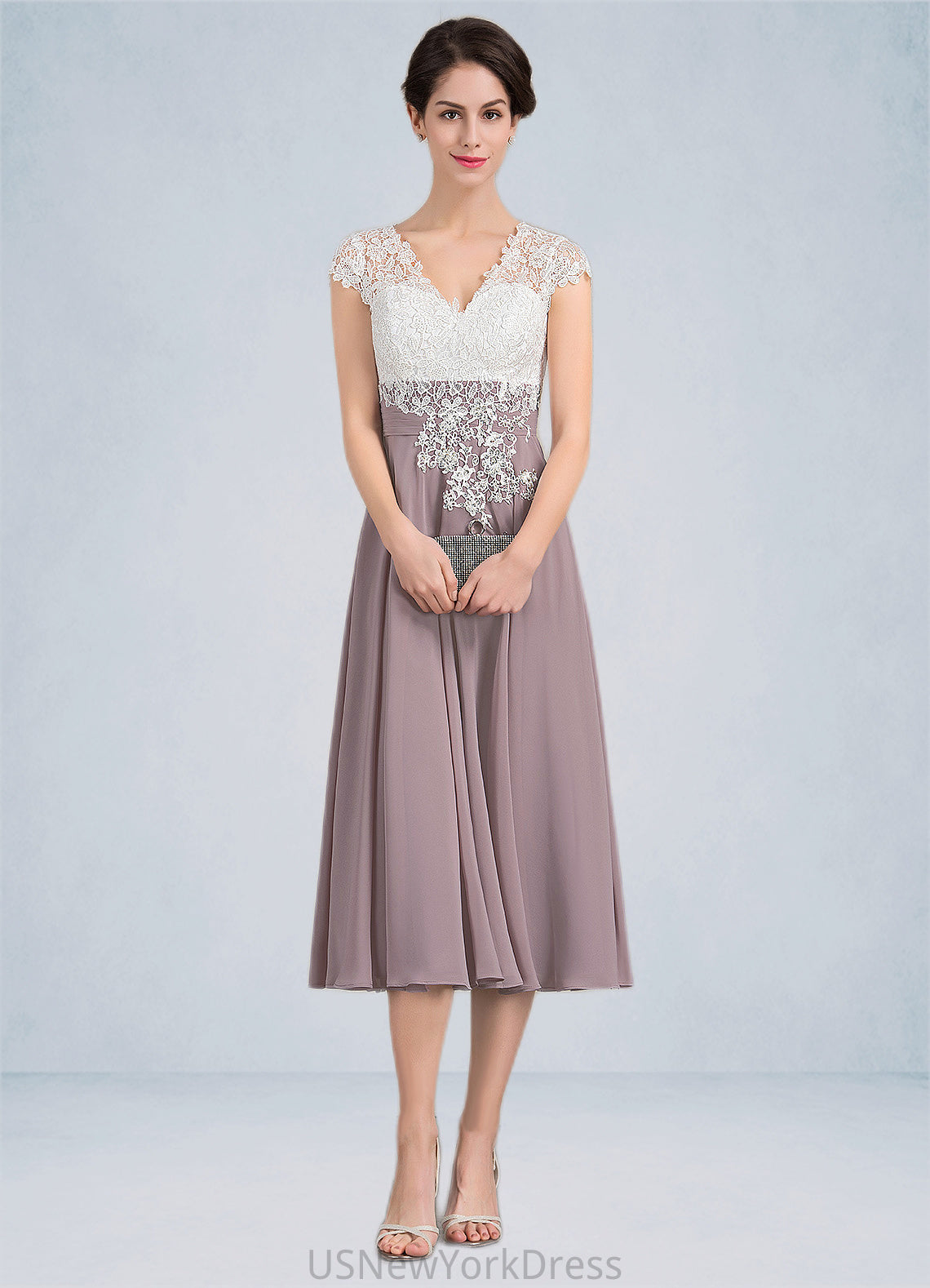 Brooklyn A-Line V-neck Tea-Length Chiffon Lace Mother of the Bride Dress DJ126P0014588