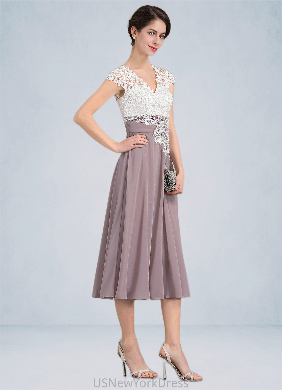 Brooklyn A-Line V-neck Tea-Length Chiffon Lace Mother of the Bride Dress DJ126P0014588