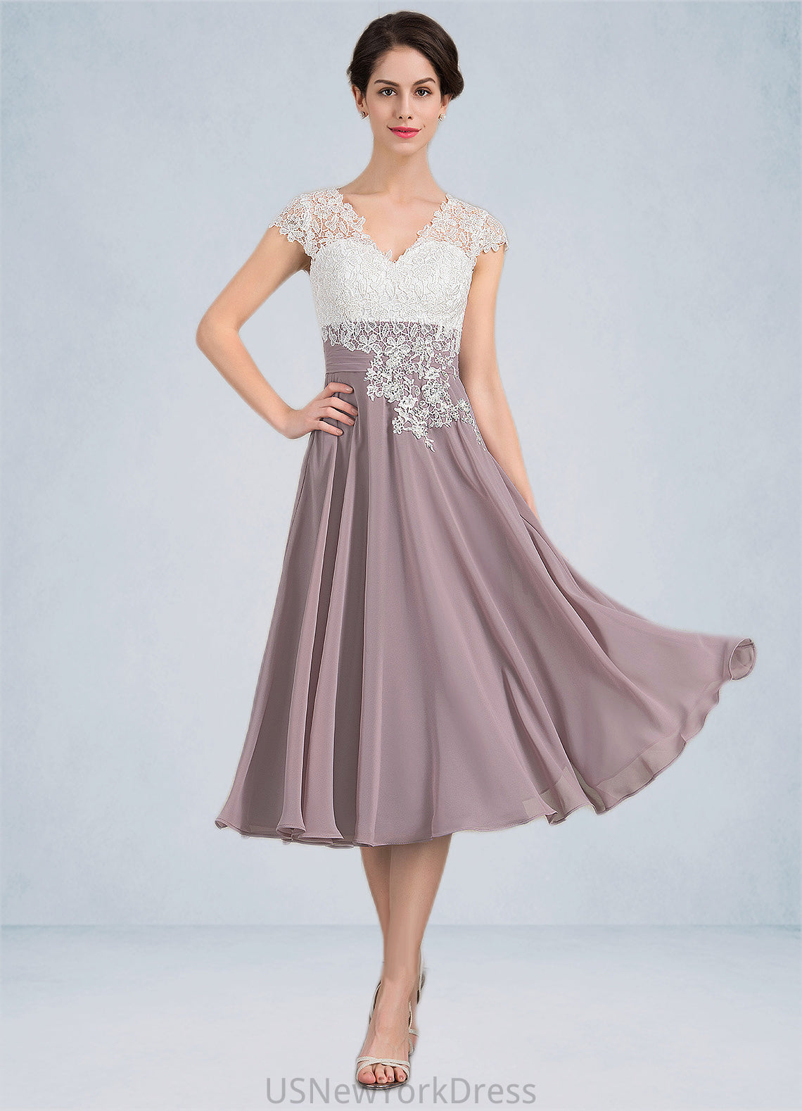 Brooklyn A-Line V-neck Tea-Length Chiffon Lace Mother of the Bride Dress DJ126P0014588