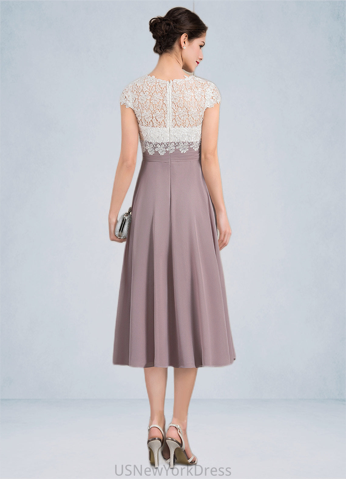 Brooklyn A-Line V-neck Tea-Length Chiffon Lace Mother of the Bride Dress DJ126P0014588