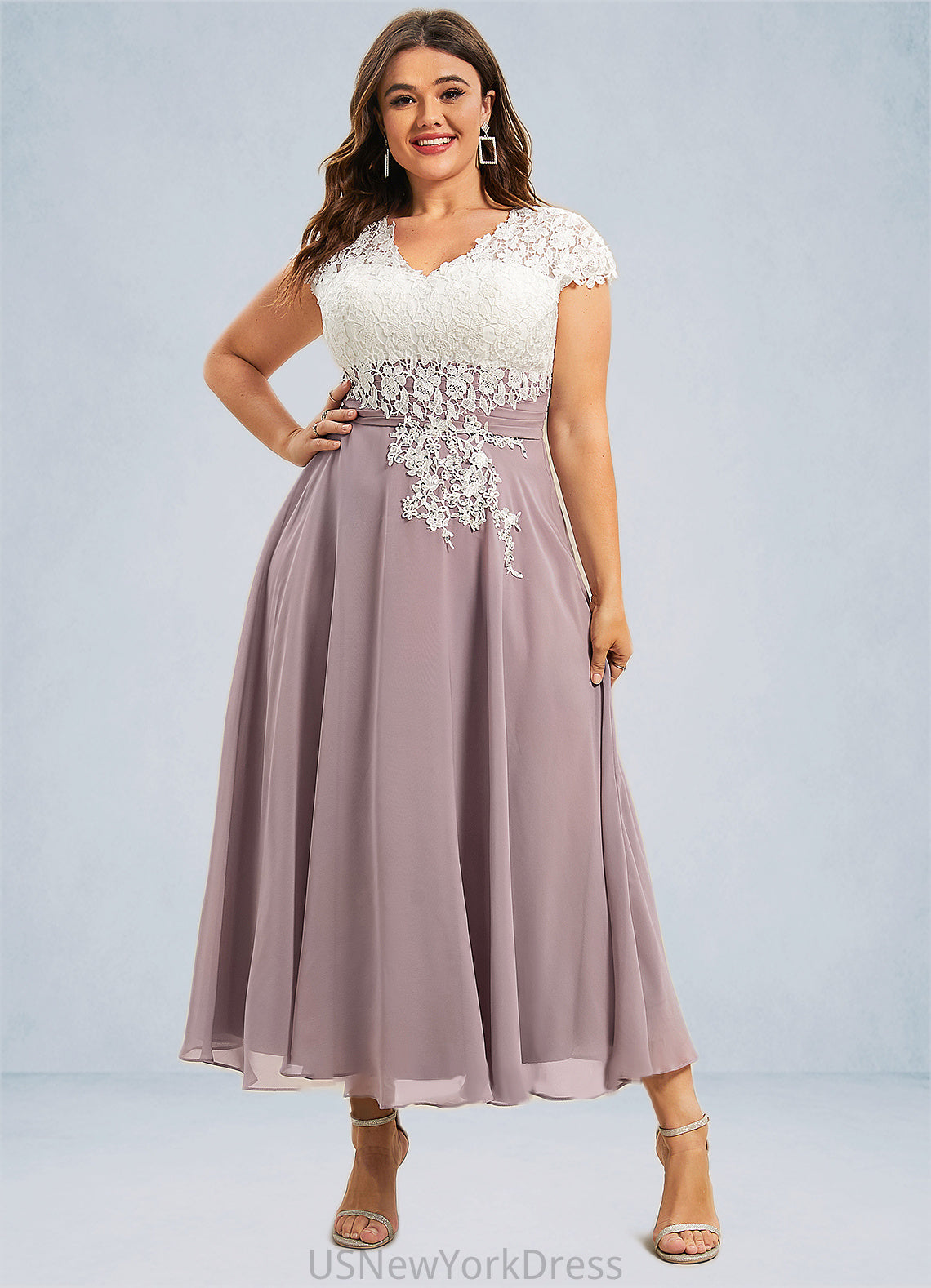 Brooklyn A-Line V-neck Tea-Length Chiffon Lace Mother of the Bride Dress DJ126P0014588