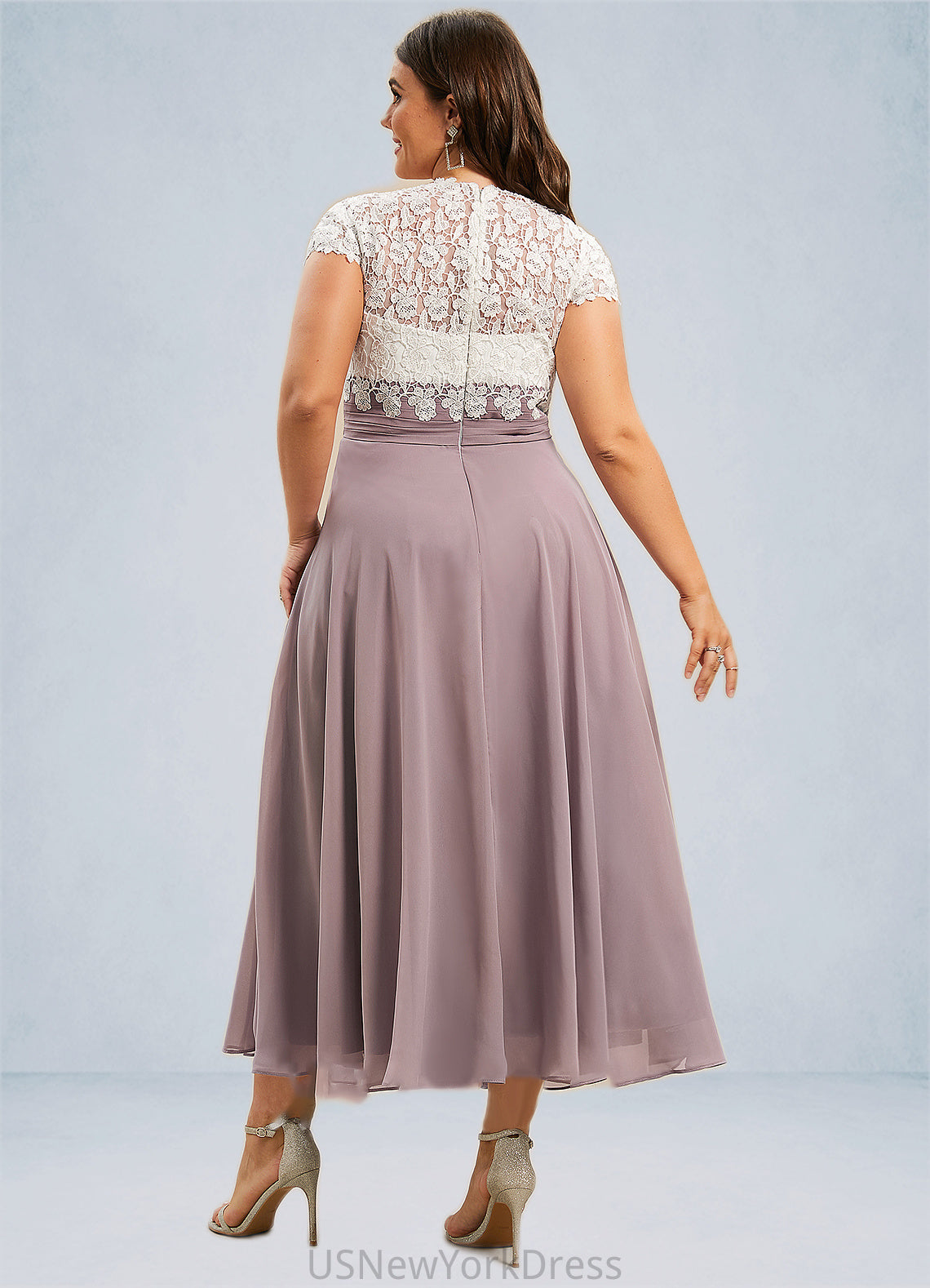 Brooklyn A-Line V-neck Tea-Length Chiffon Lace Mother of the Bride Dress DJ126P0014588