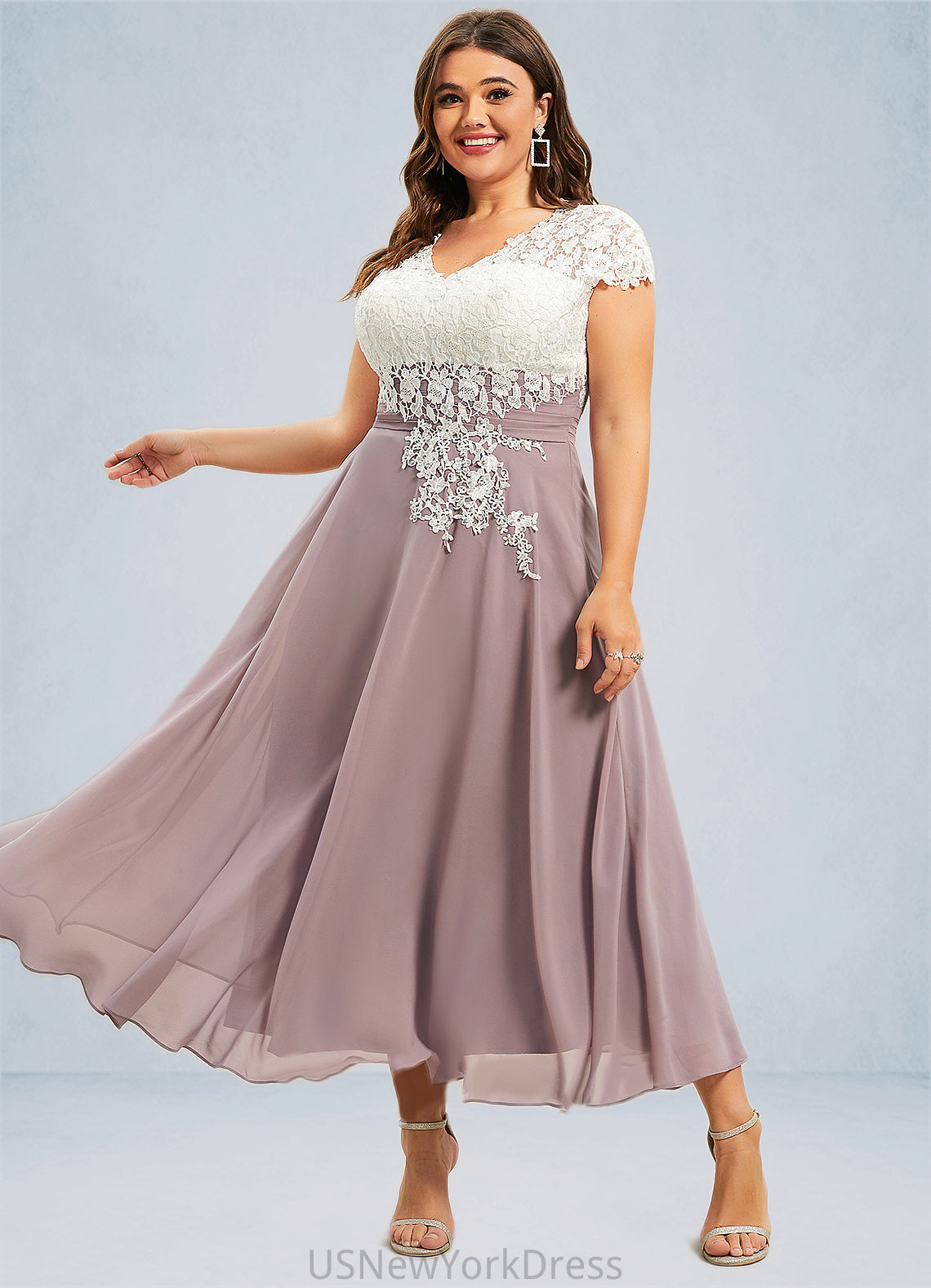 Brooklyn A-Line V-neck Tea-Length Chiffon Lace Mother of the Bride Dress DJ126P0014588