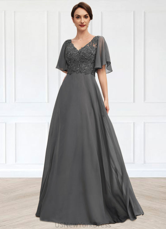 Violet A-line V-Neck Floor-Length Chiffon Lace Mother of the Bride Dress With Beading Sequins DJ126P0014589