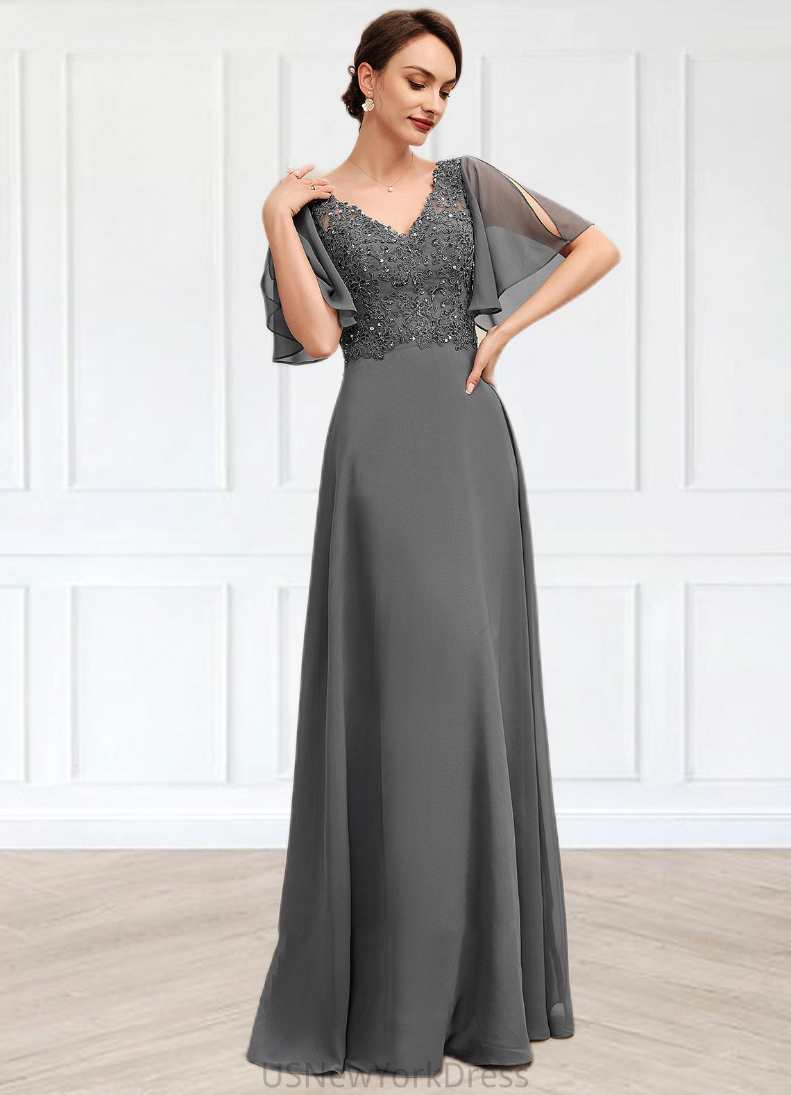 Violet A-line V-Neck Floor-Length Chiffon Lace Mother of the Bride Dress With Beading Sequins DJ126P0014589