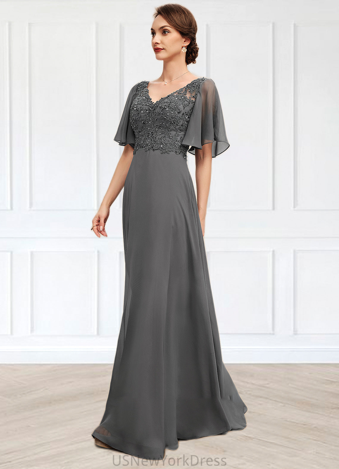 Violet A-line V-Neck Floor-Length Chiffon Lace Mother of the Bride Dress With Beading Sequins DJ126P0014589