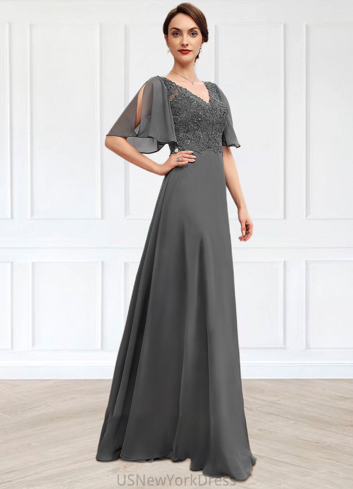 Violet A-line V-Neck Floor-Length Chiffon Lace Mother of the Bride Dress With Beading Sequins DJ126P0014589