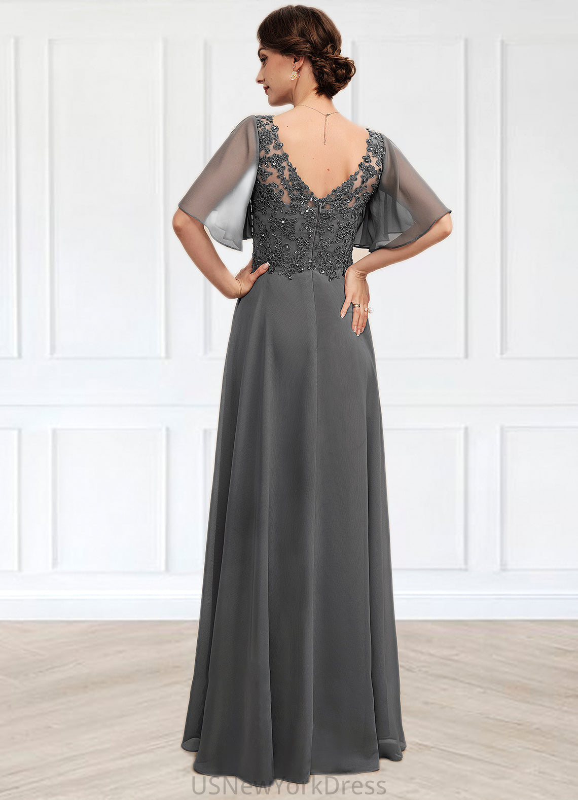 Violet A-line V-Neck Floor-Length Chiffon Lace Mother of the Bride Dress With Beading Sequins DJ126P0014589