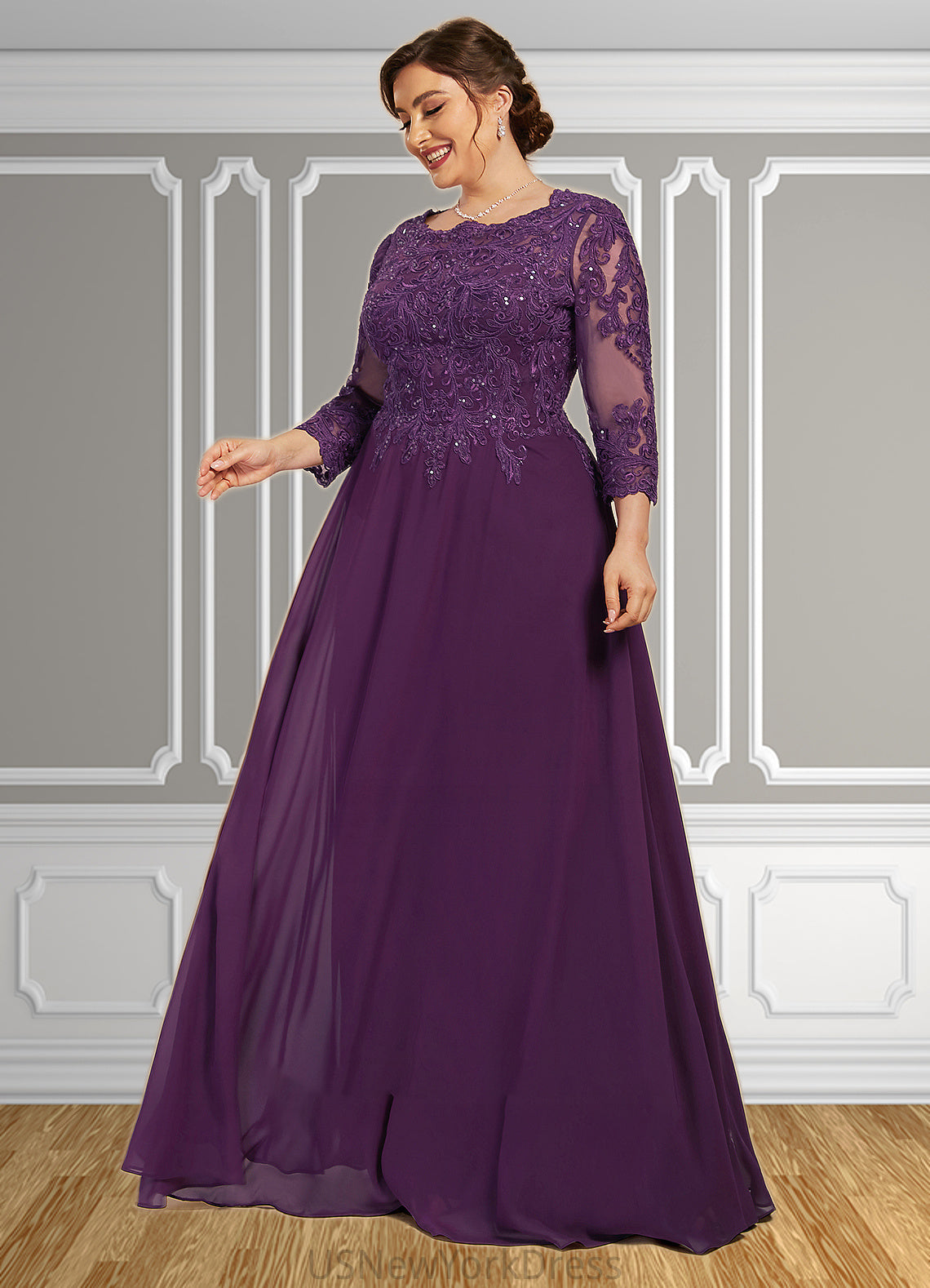 Ellie A-Line Scoop Neck Floor-Length Chiffon Lace Mother of the Bride Dress With Sequins DJ126P0014590